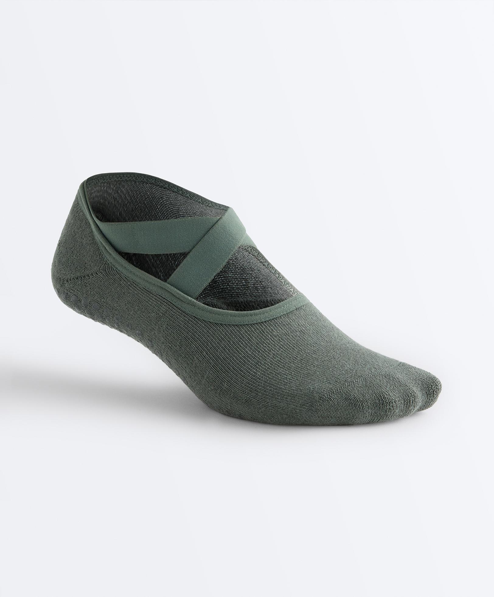 2 pairs of padded cotton blend yoga and Pilates socks with crossover straps — DARK GREEN