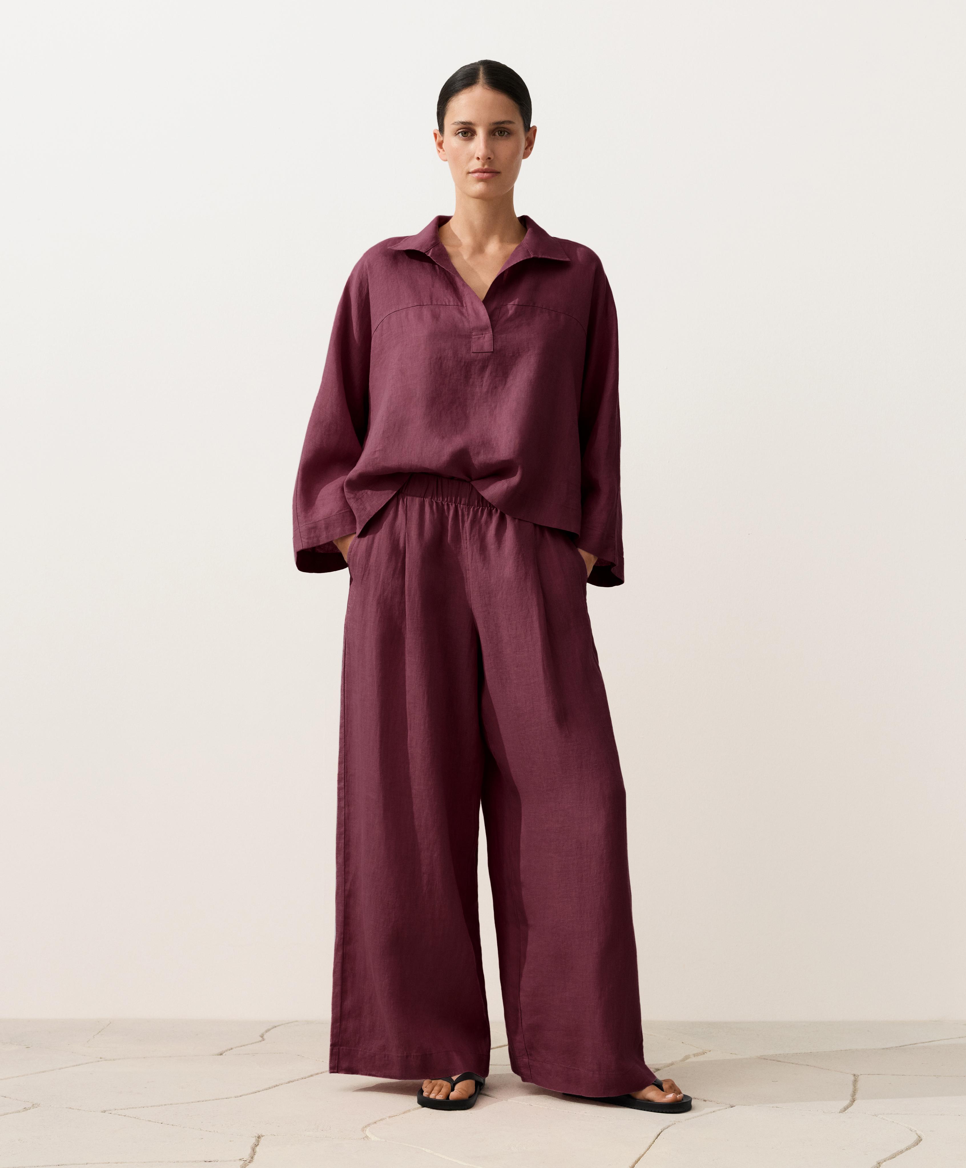 100% linen wide-leg trousers — CHERRY