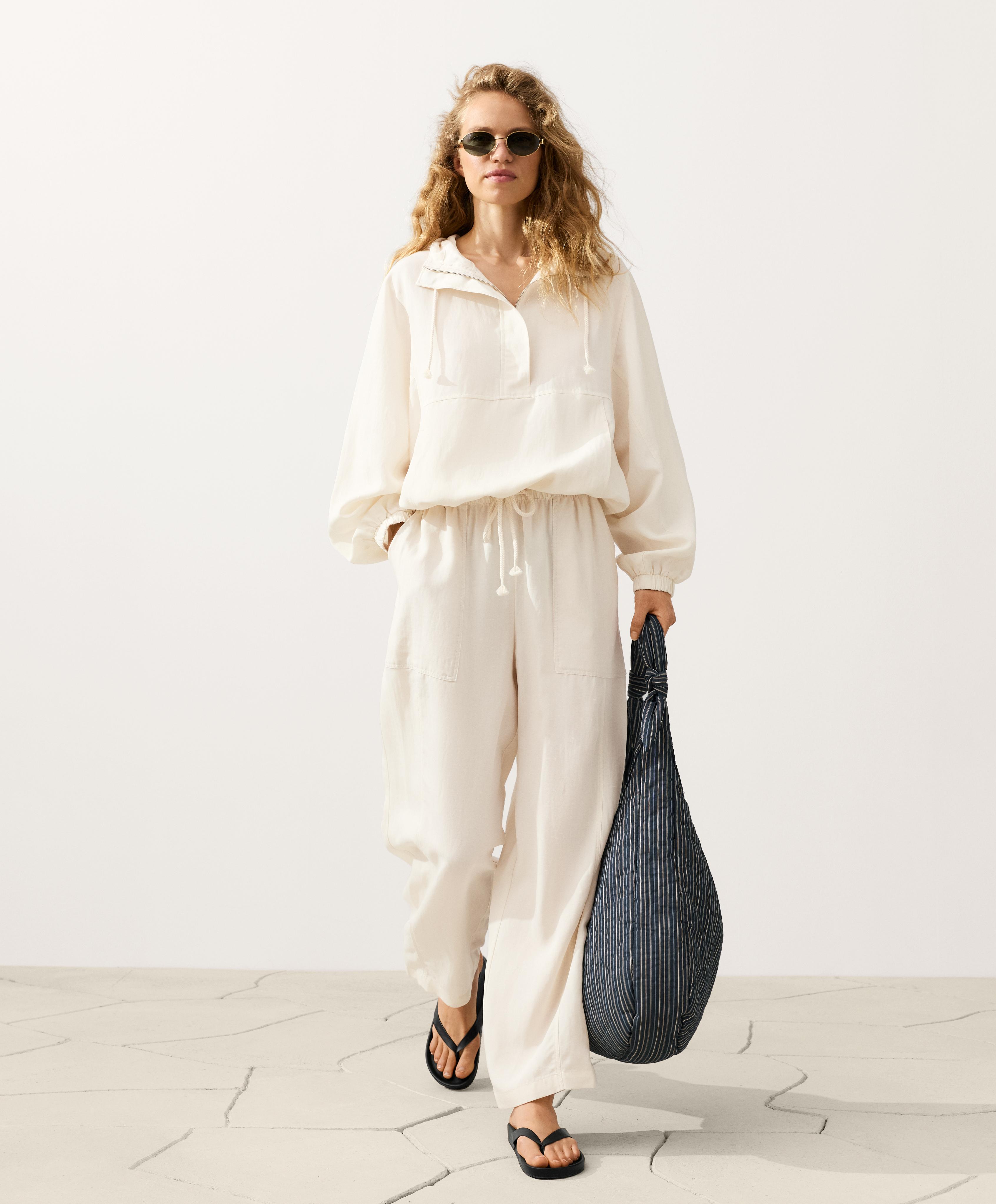 Lyocell blend and 24% linen straight trousers — PALE ECRU