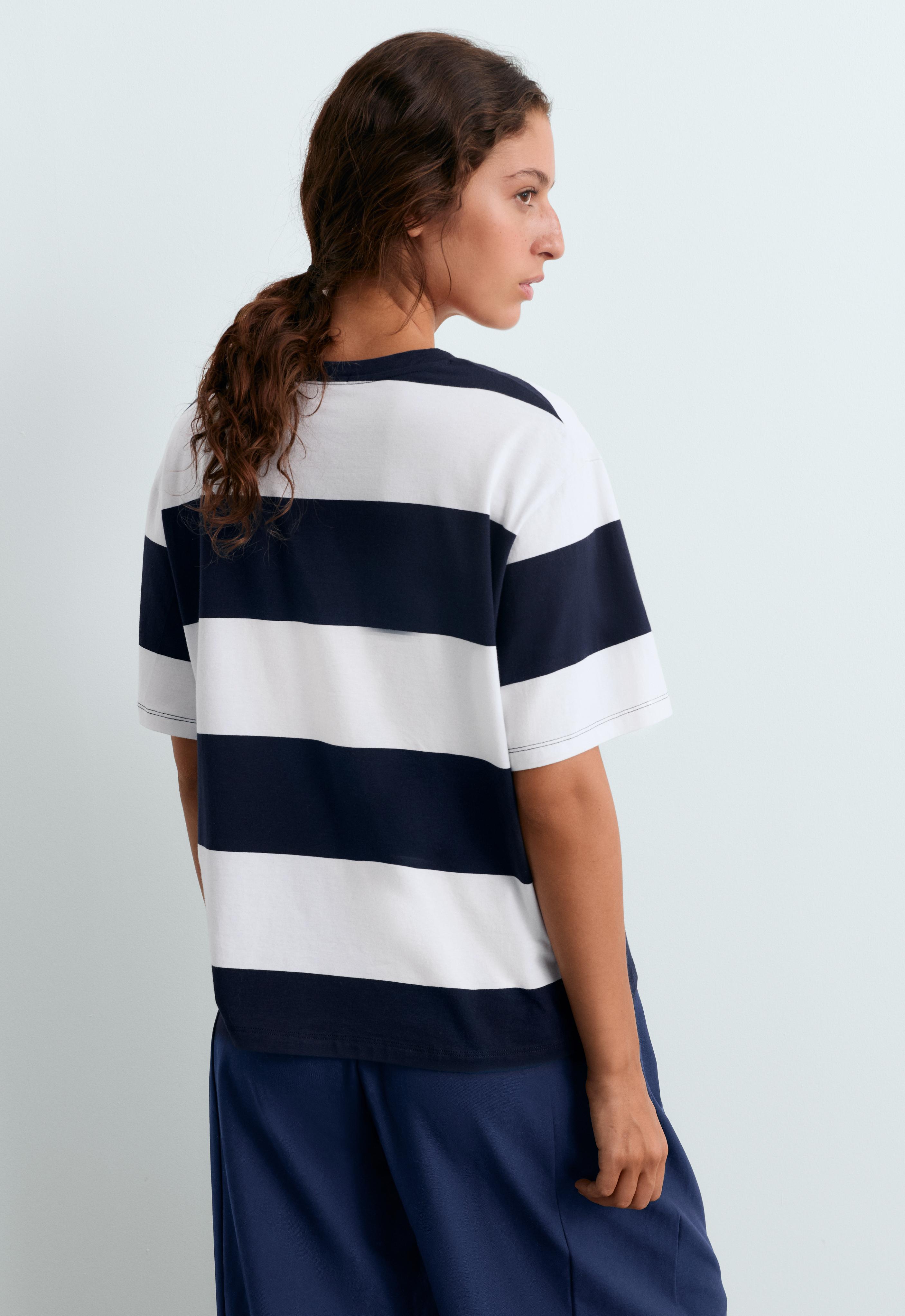 Boxy cotton-blend T-shirt with wide stripes — NAVY BLUE
