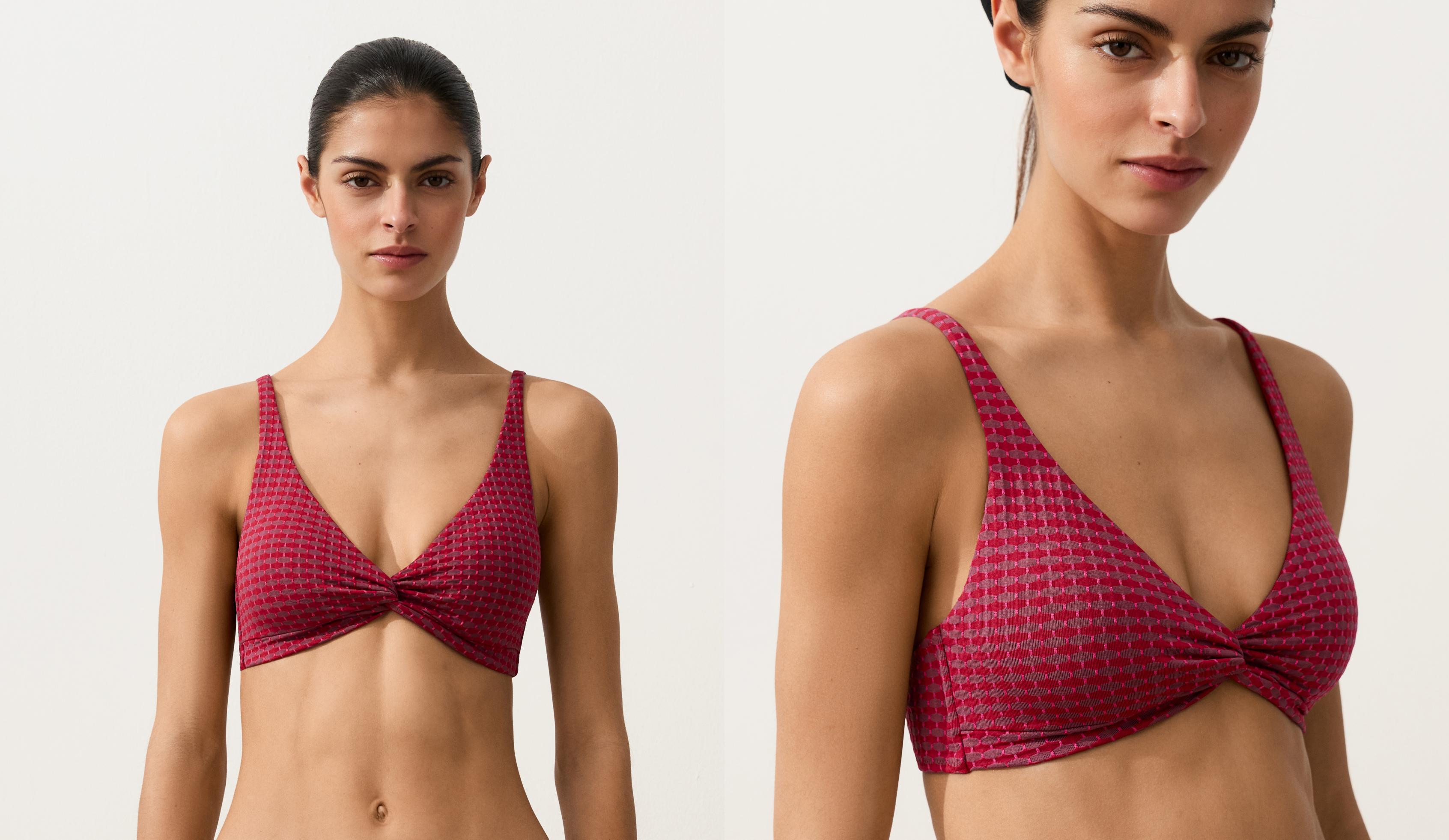 Geometric jacquard halter bikini top — FUCHSIA