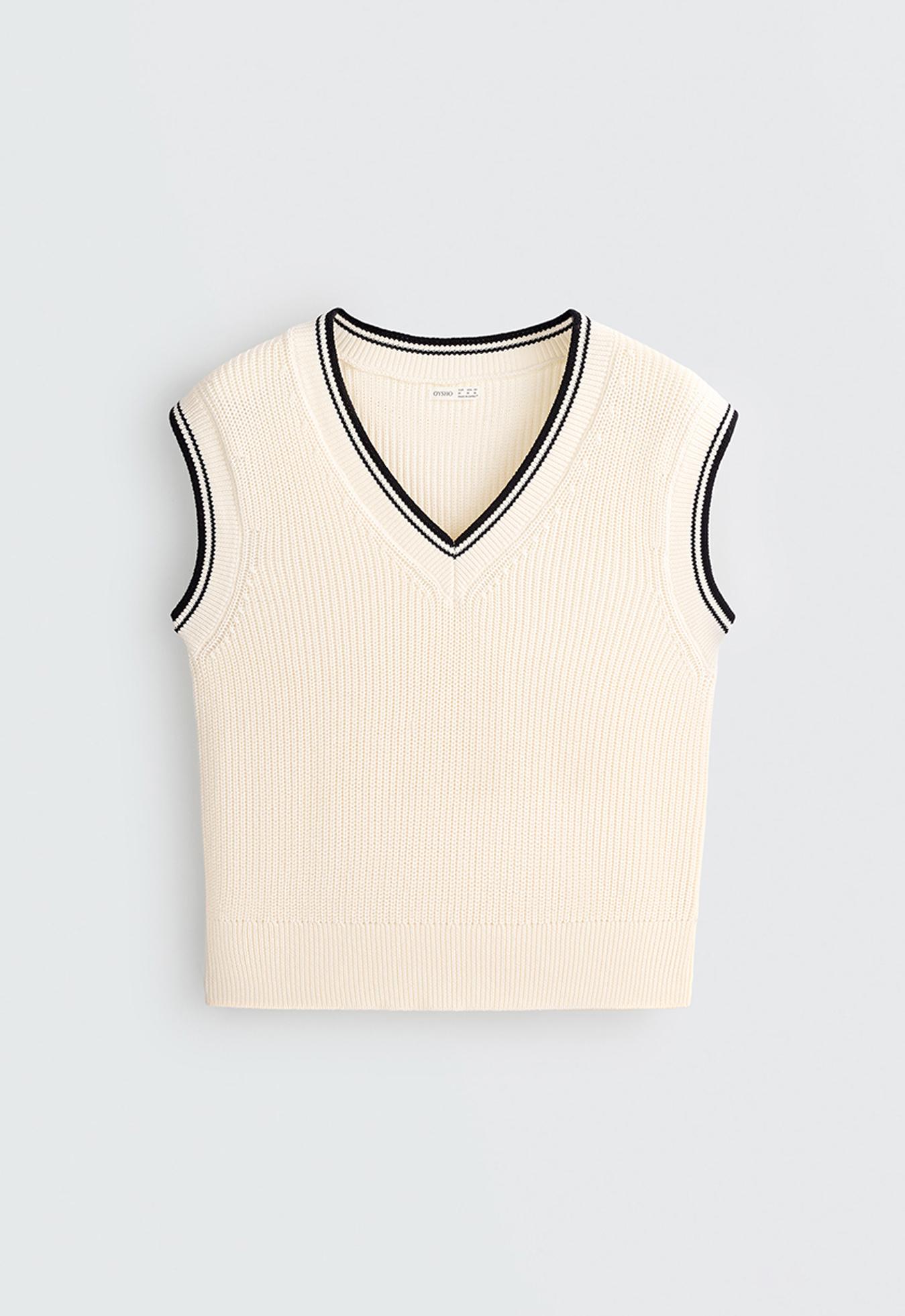 Contrast 100% cotton knit vest — PALE ECRU