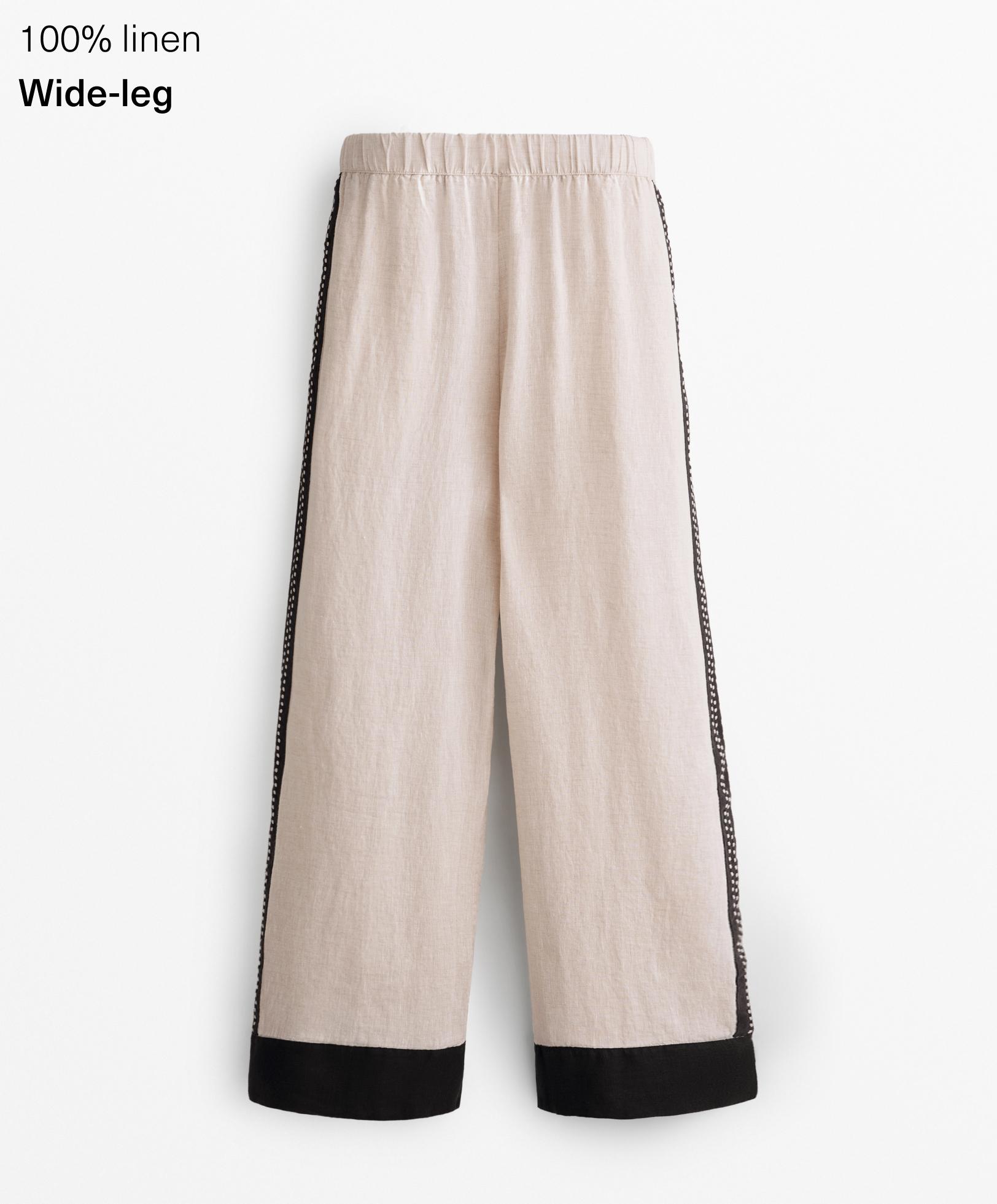 100% linen embroidered trousers