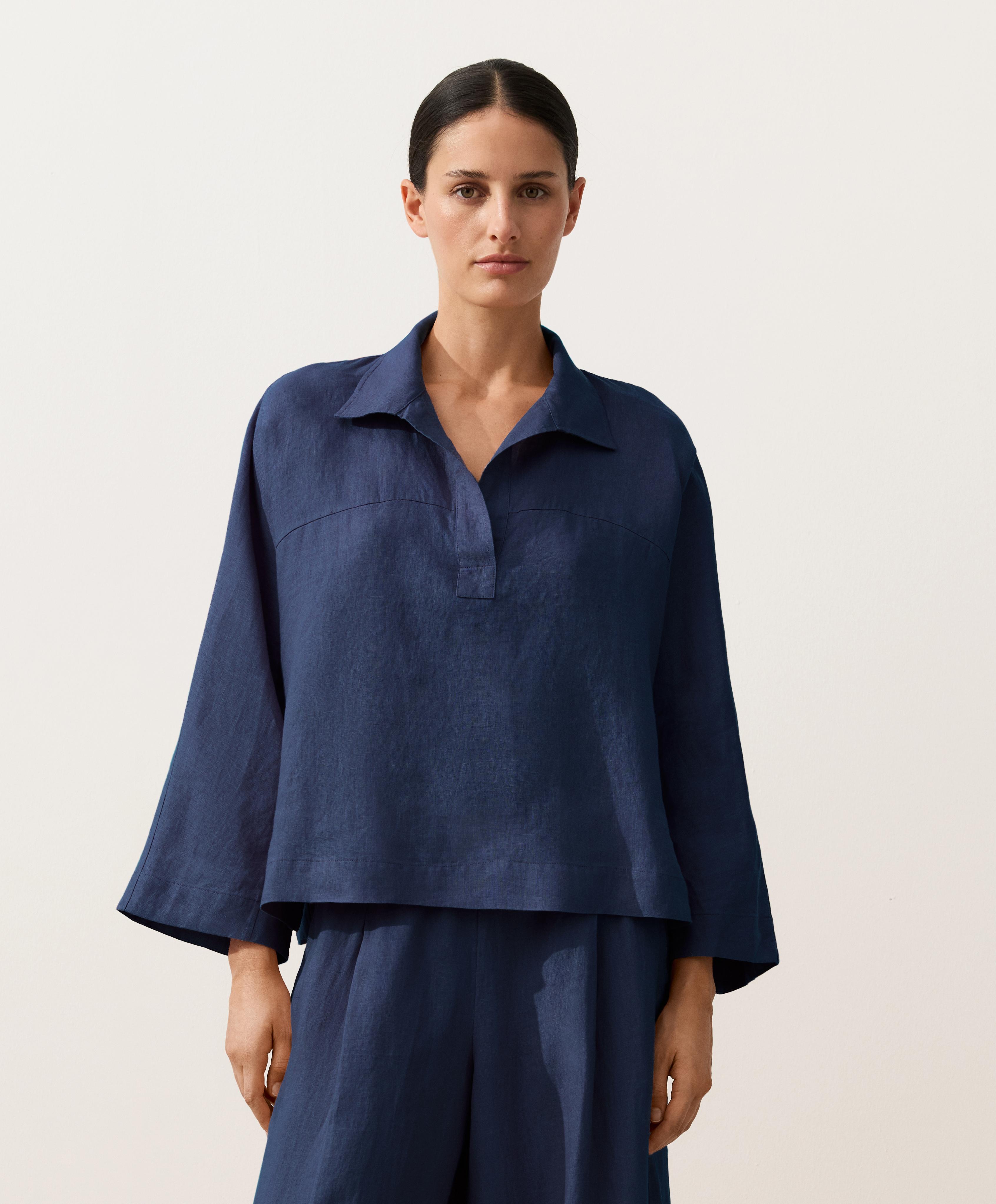 Oversize long-sleeve 100% linen polo shirt — NAVY