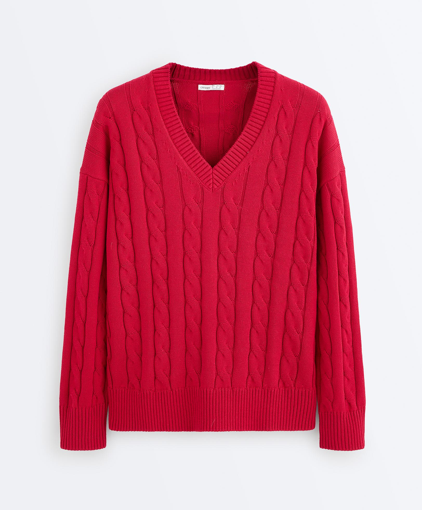 100% cotton cable knit V-neck jumper — BRIGHT RED