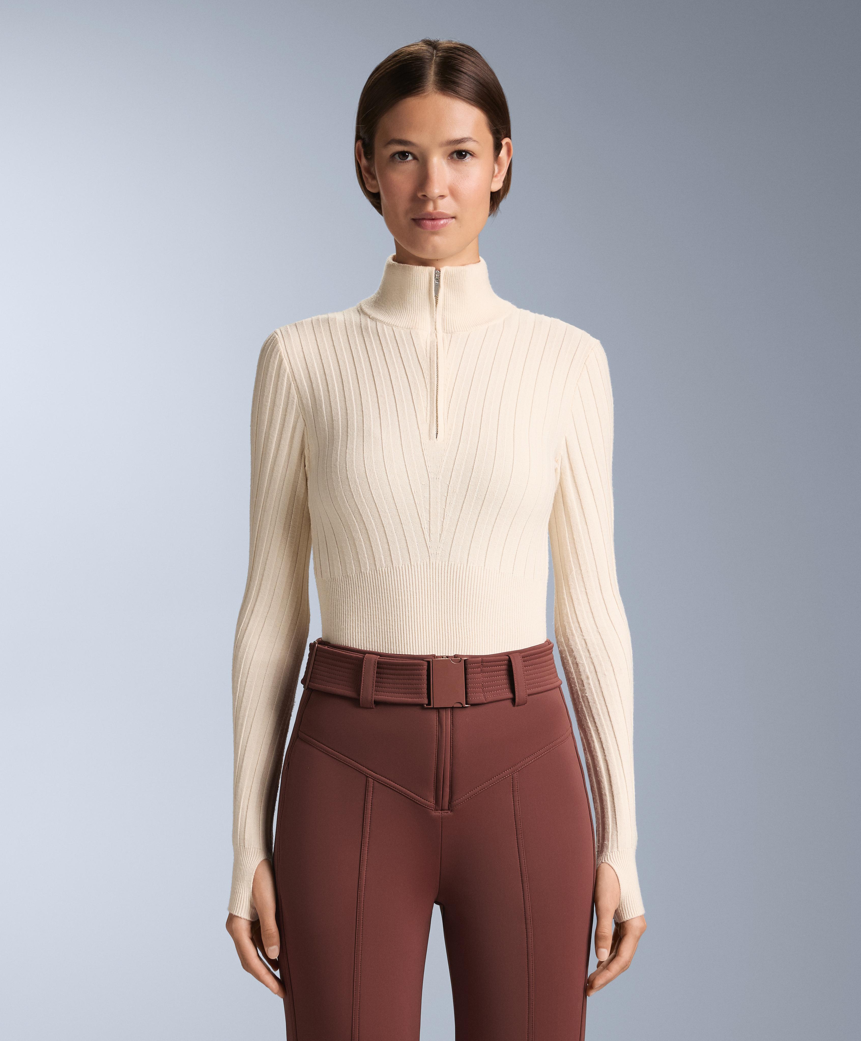 Thermal base layer rib knit T-shirt with peak — ECRU