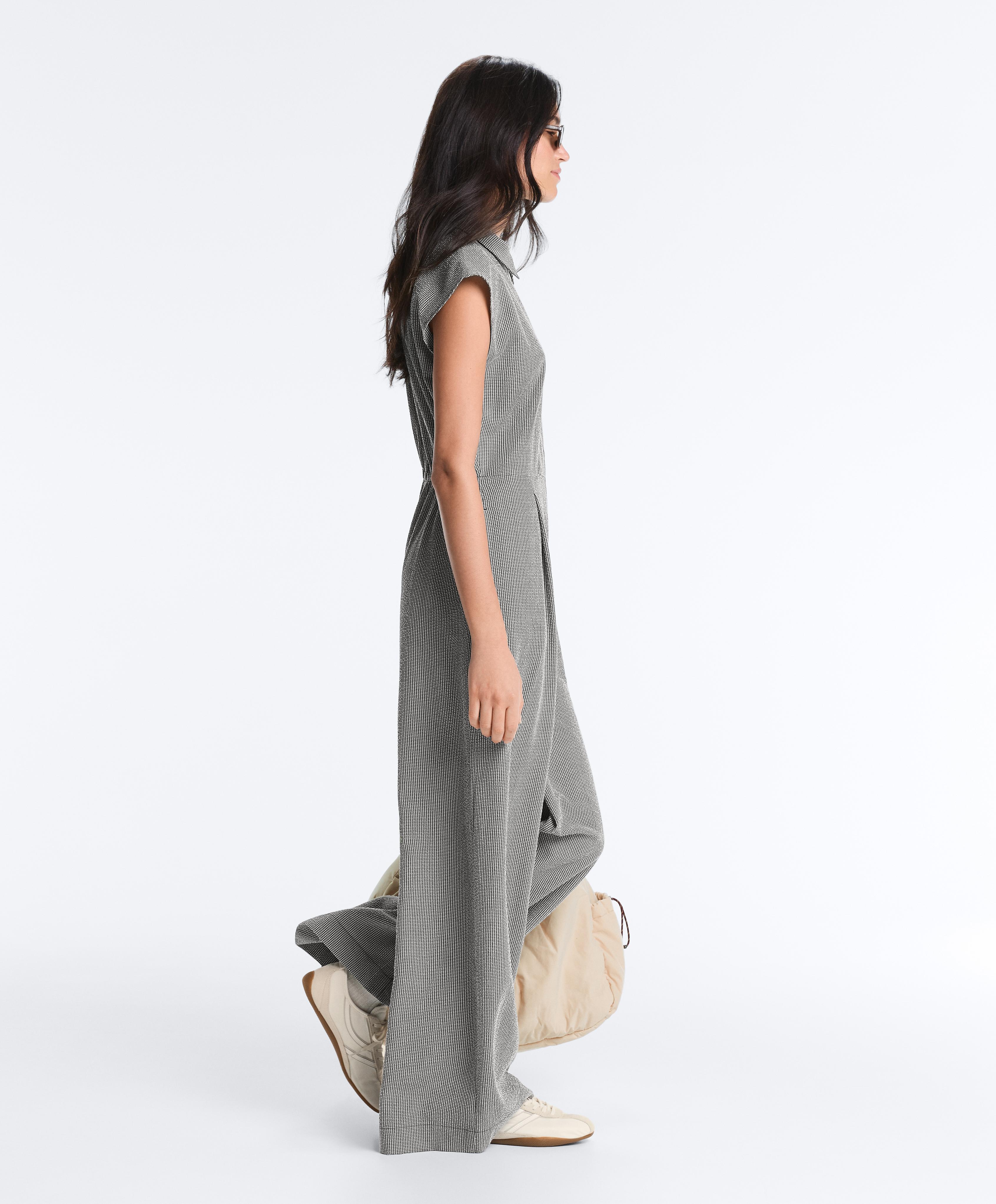 Long gingham jumpsuit with lapel collar and lyocell blend — DUSTY BLACK