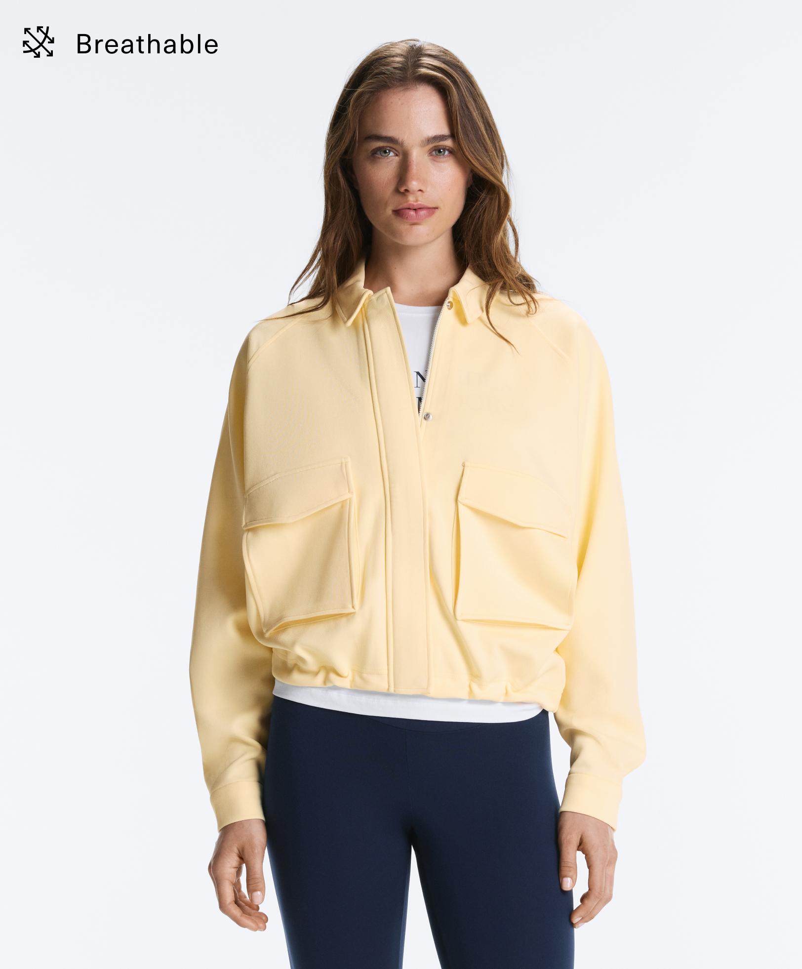 Piqué cotton V-neck raglan sleeve jacket