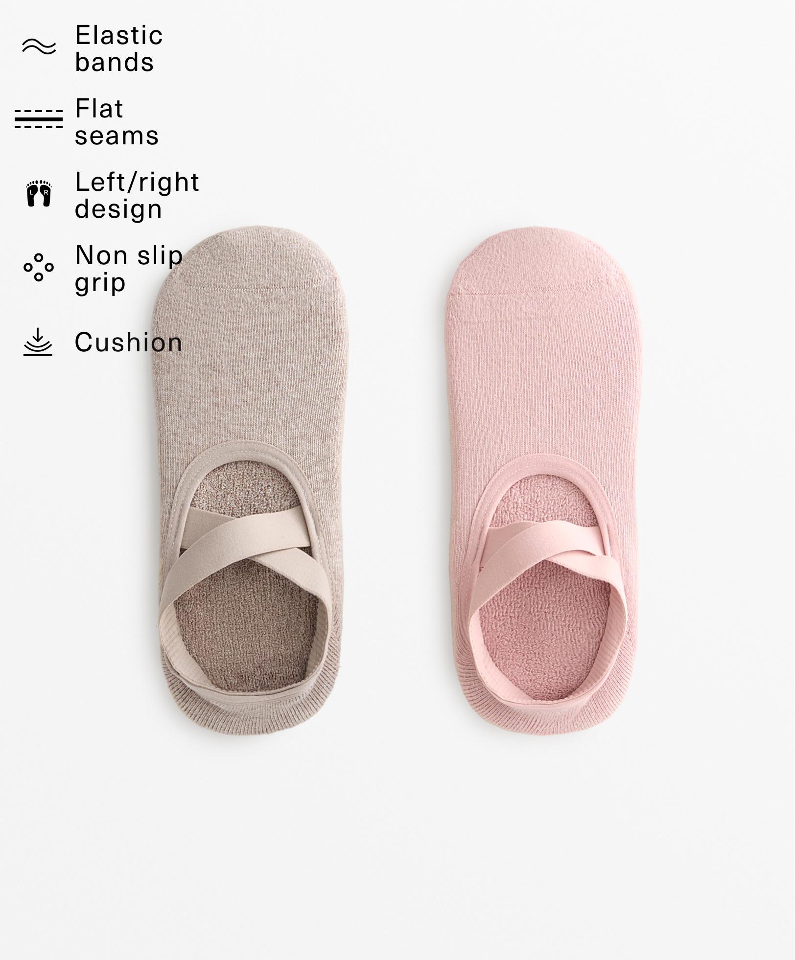 2 pairs of padded cotton blend yoga and Pilates socks with crossover straps