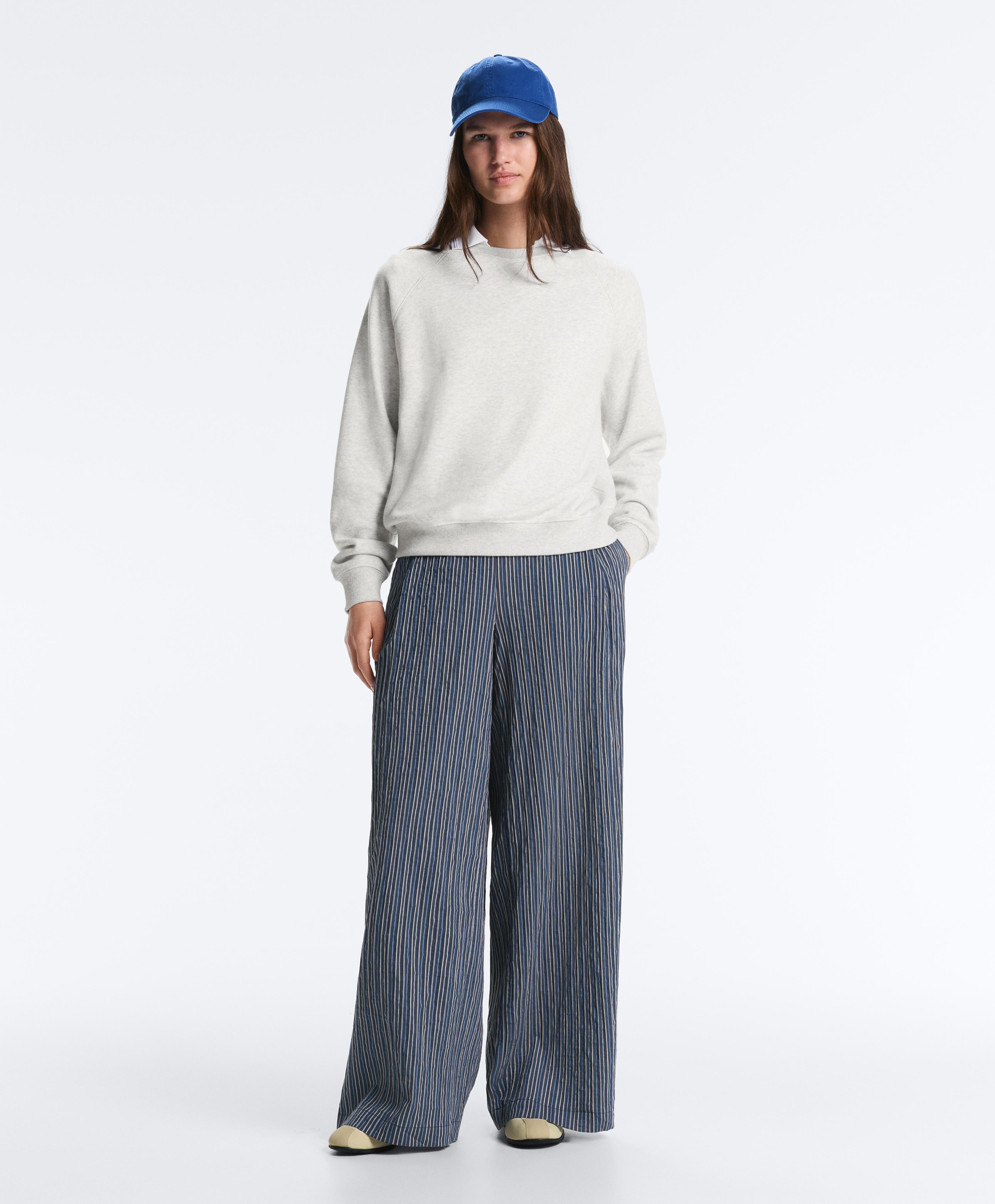 Wide leg cotton blend stripe trousers — DARK NAVY