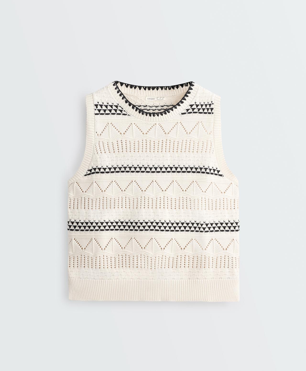 100% cotton open-knit contrast vest — PALE ECRU