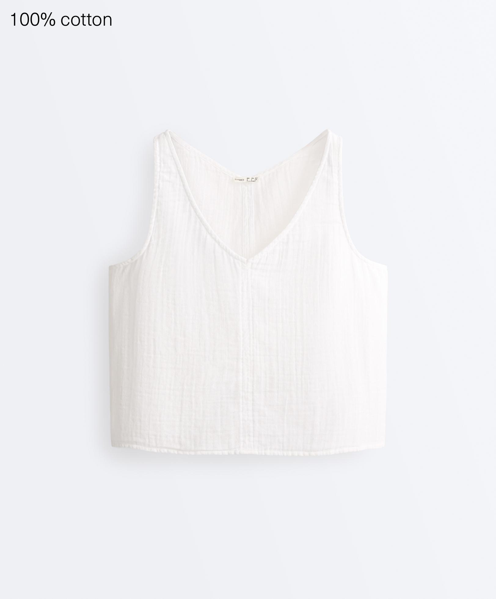 100% cotton gauze V-neck strappy top — WHITE 