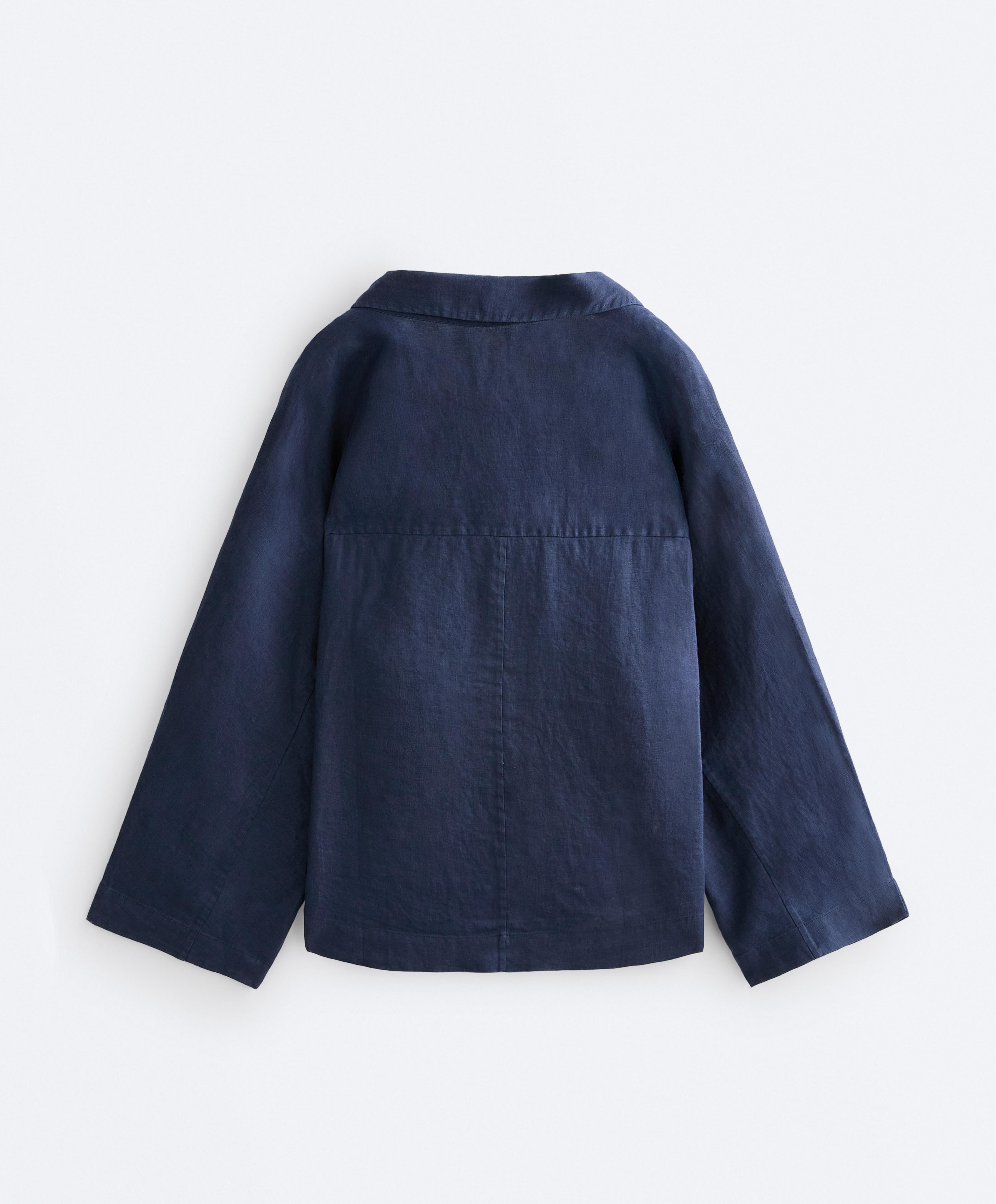 Oversize long-sleeve 100% linen polo shirt — NAVY