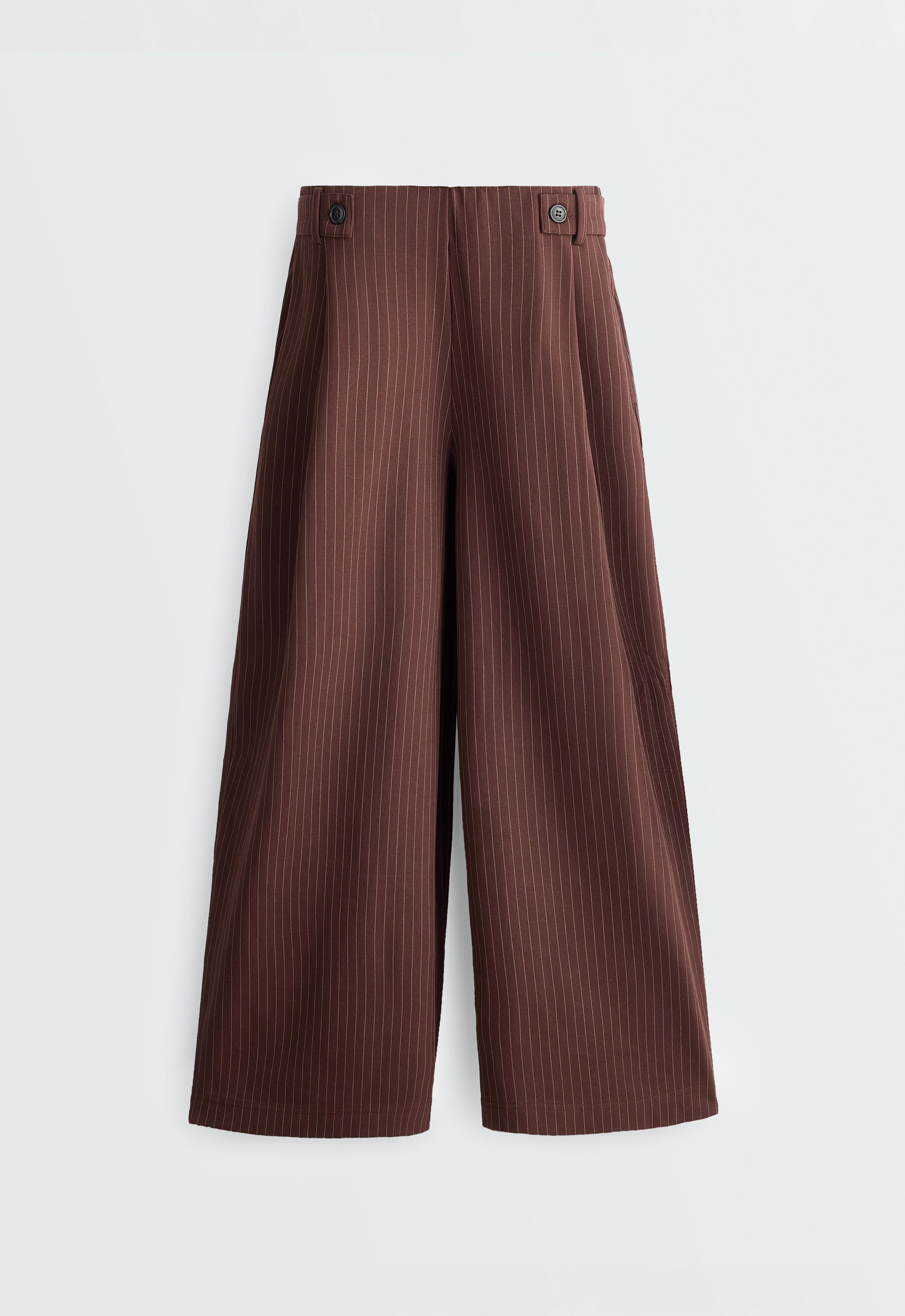 Wide-leg pinstripe piqué cotton crop trousers — CHOCOLATE