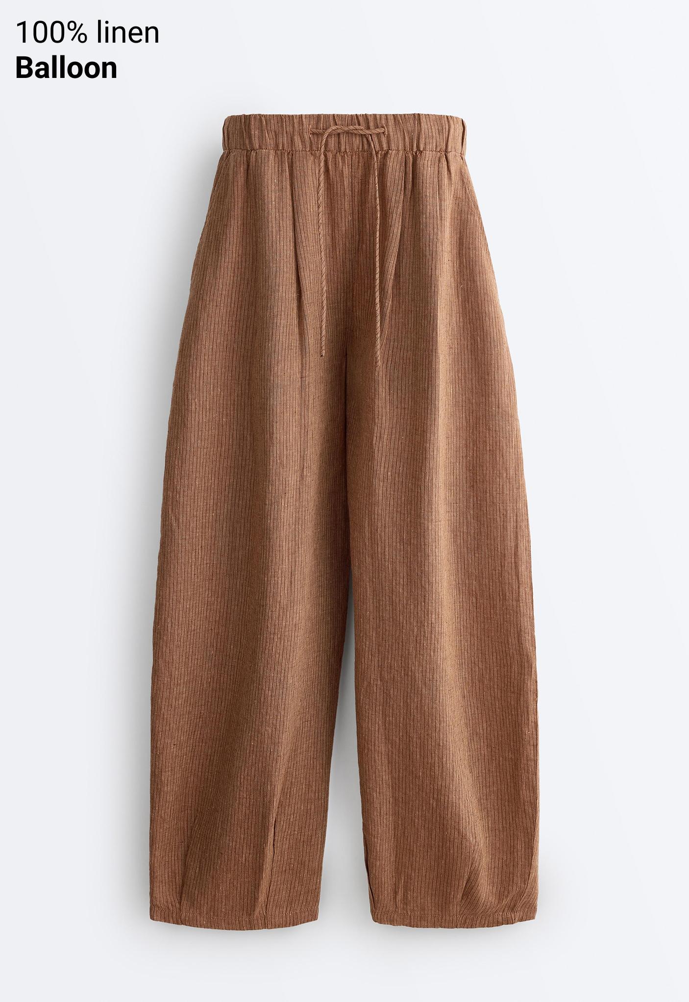 100% linen striped balloon trousers — TAN MELANGE