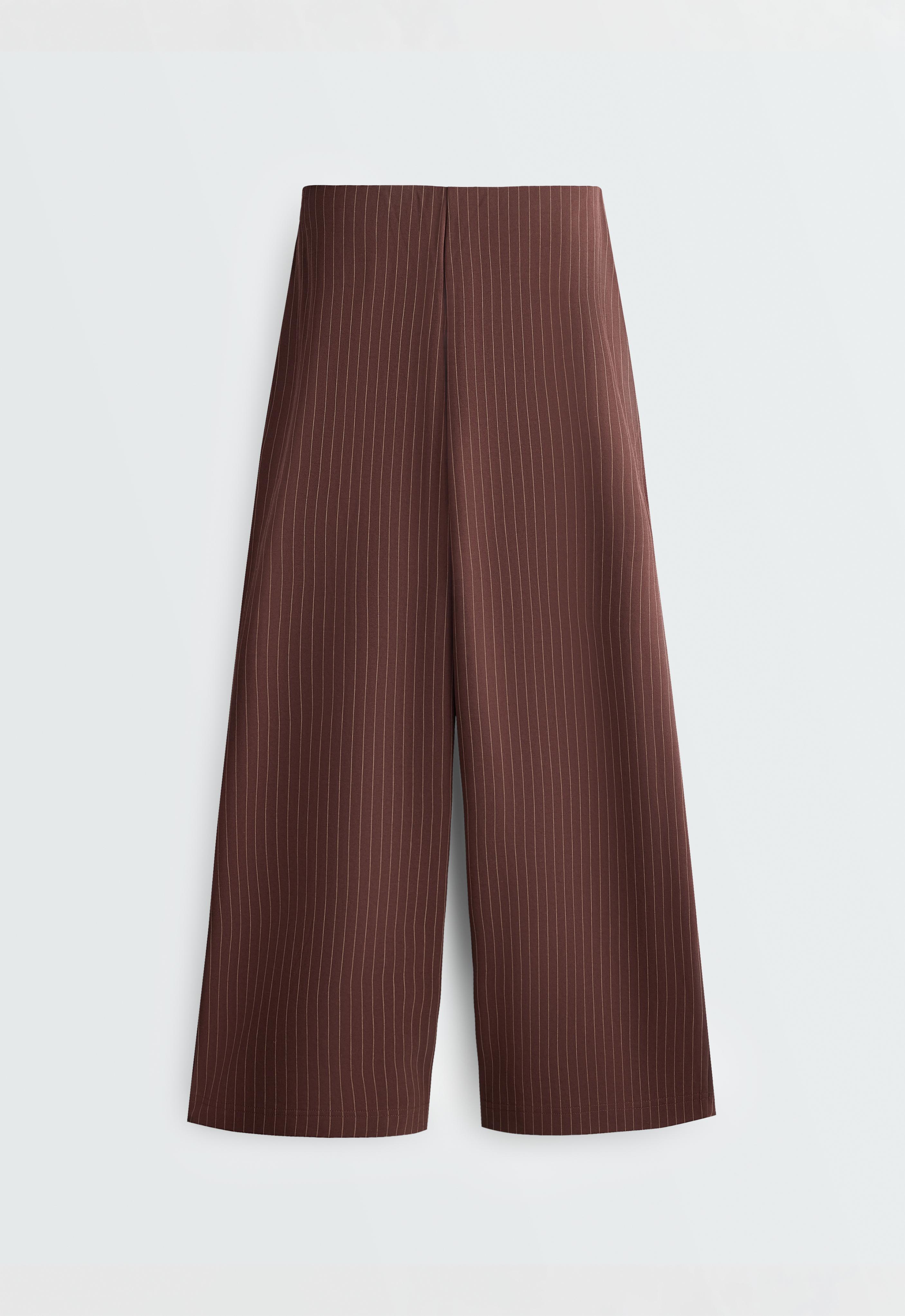 Wide-leg pinstripe piqué cotton crop trousers — CHOCOLATE