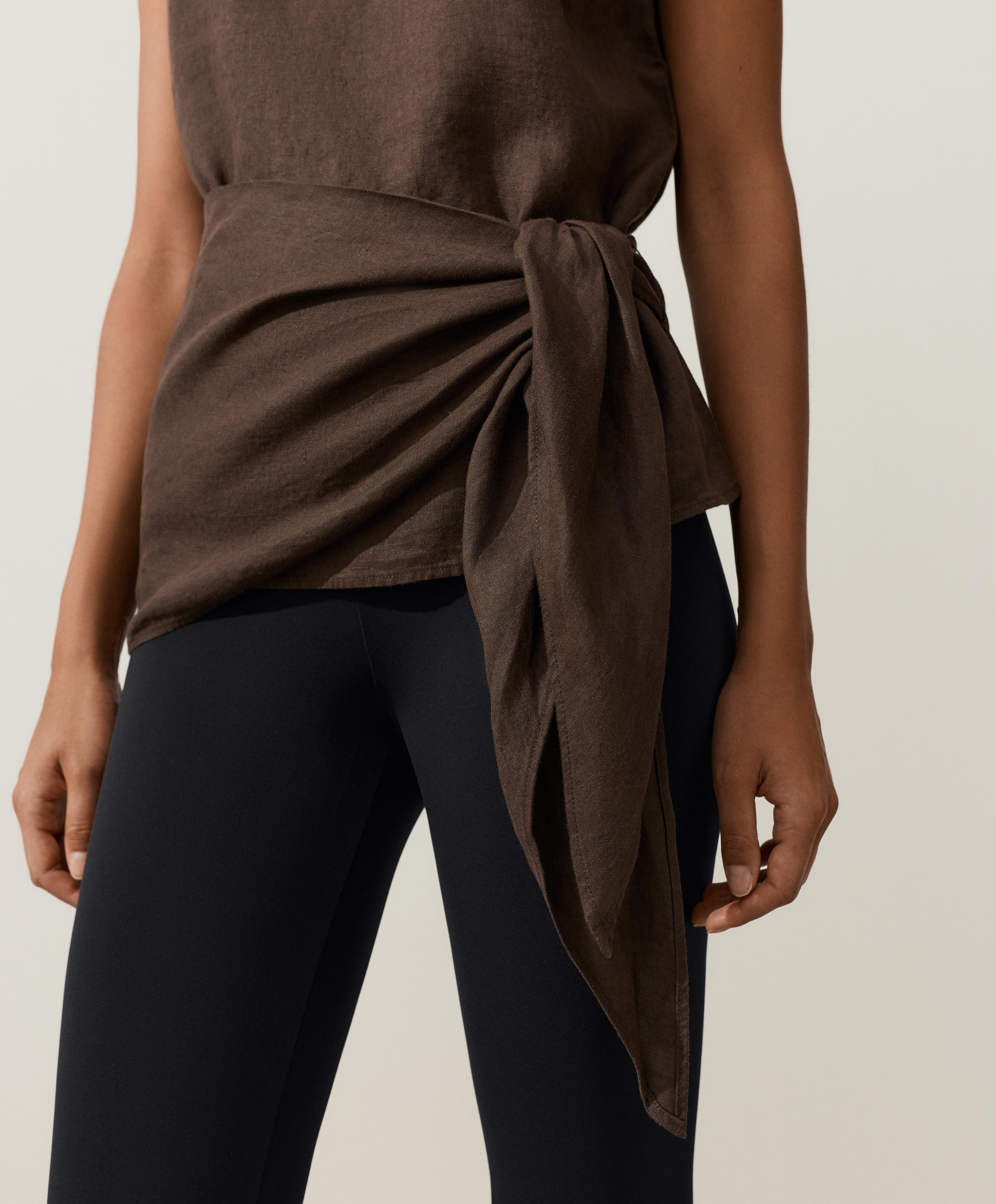 Sleeveless top with 100% linen scarf — DARK BROWN
