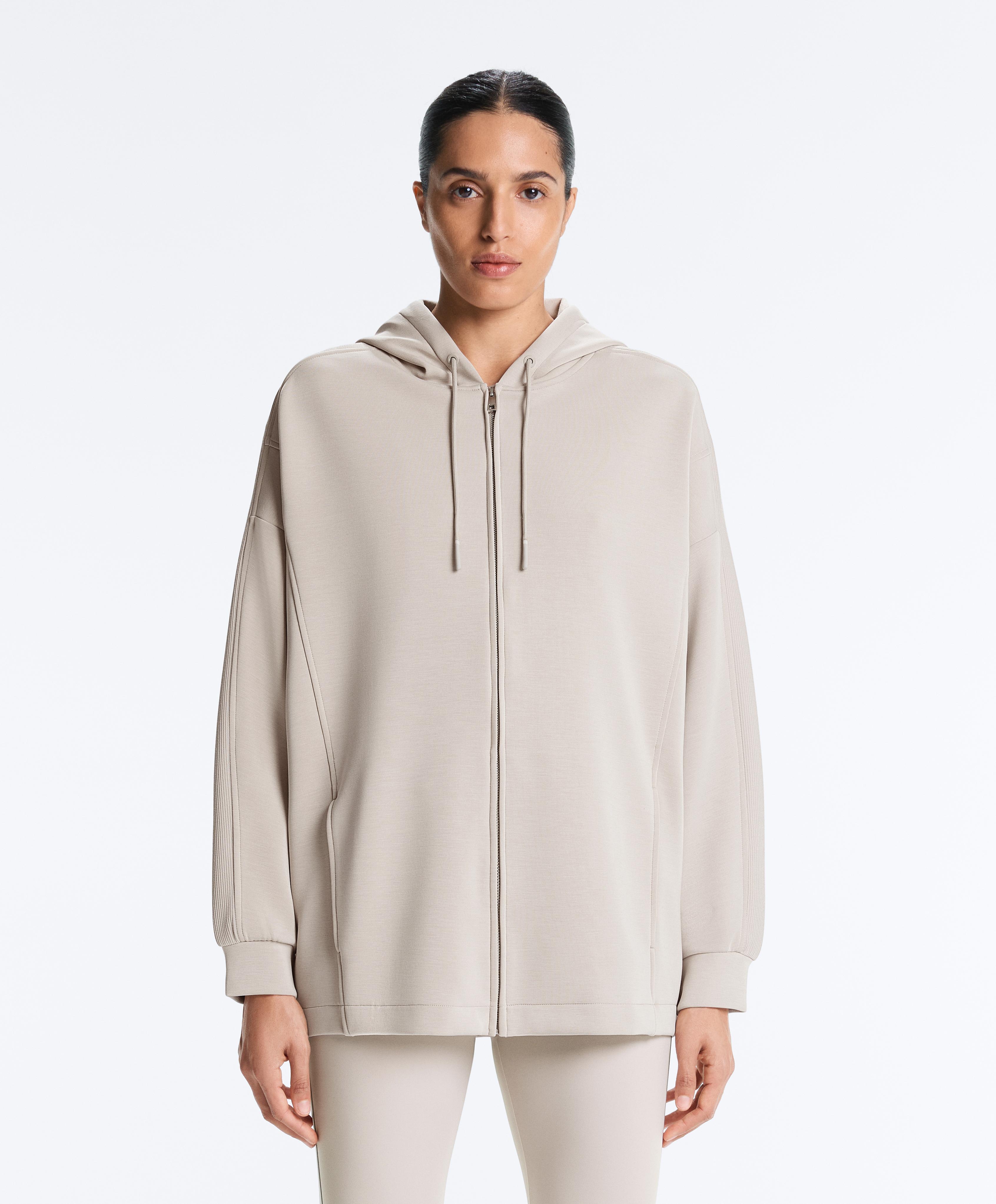 Long hooded jacket with rib details and brushed modal — TAUPE                   