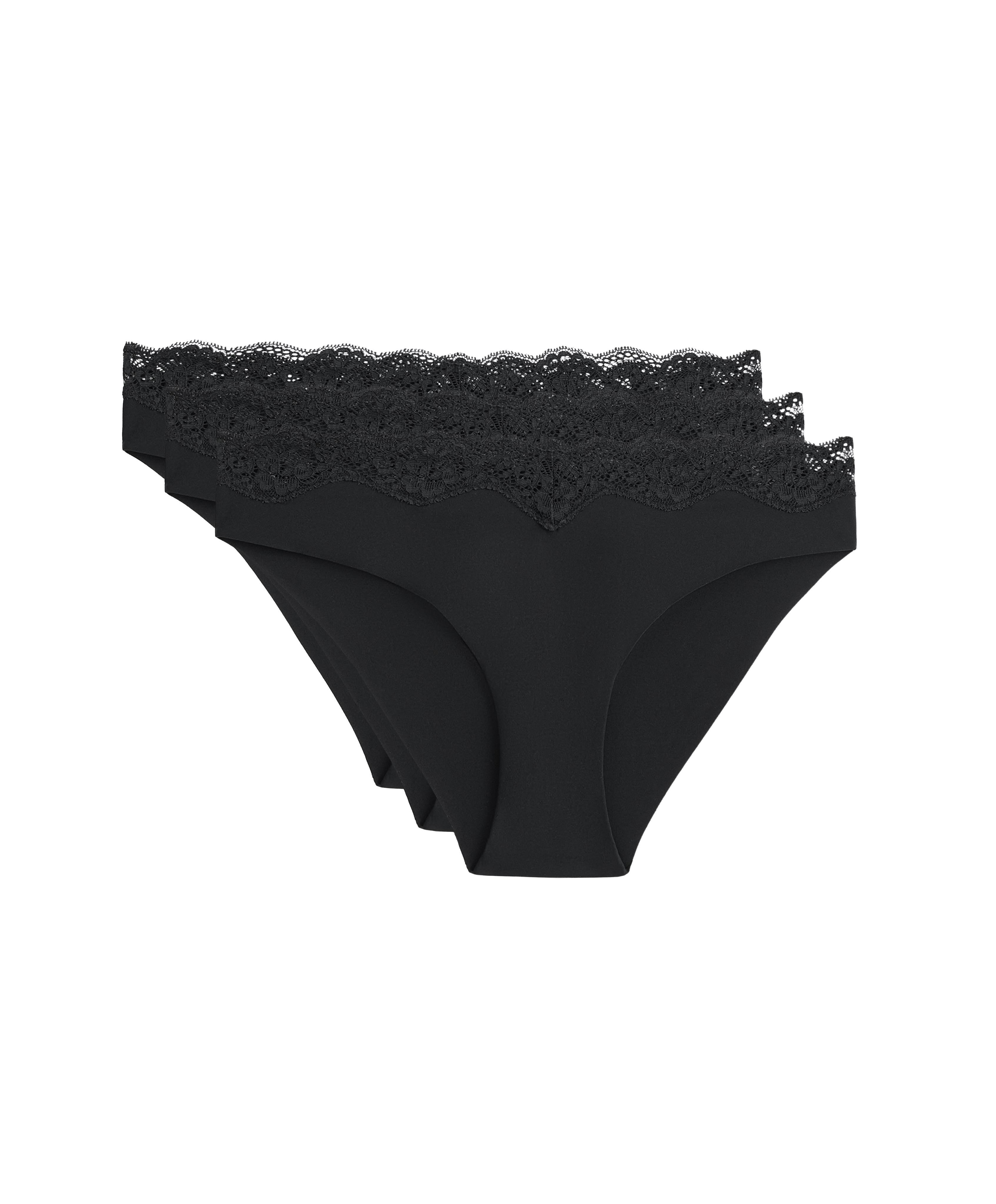 3 laser-cut polyamide blend V-cut lace bikini briefs — BLACK