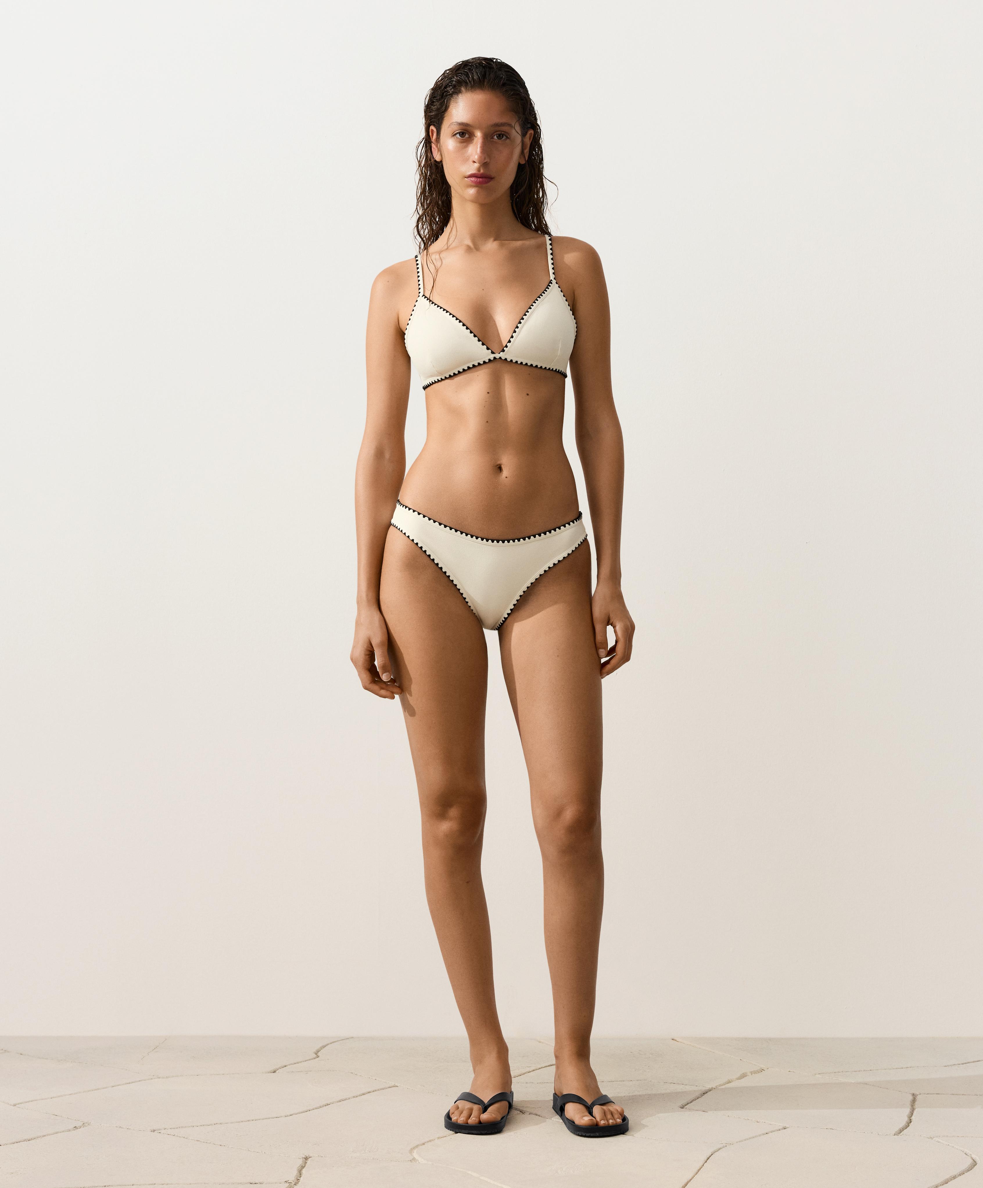 Contrast stitch triangle bikini top — PALE ECRU