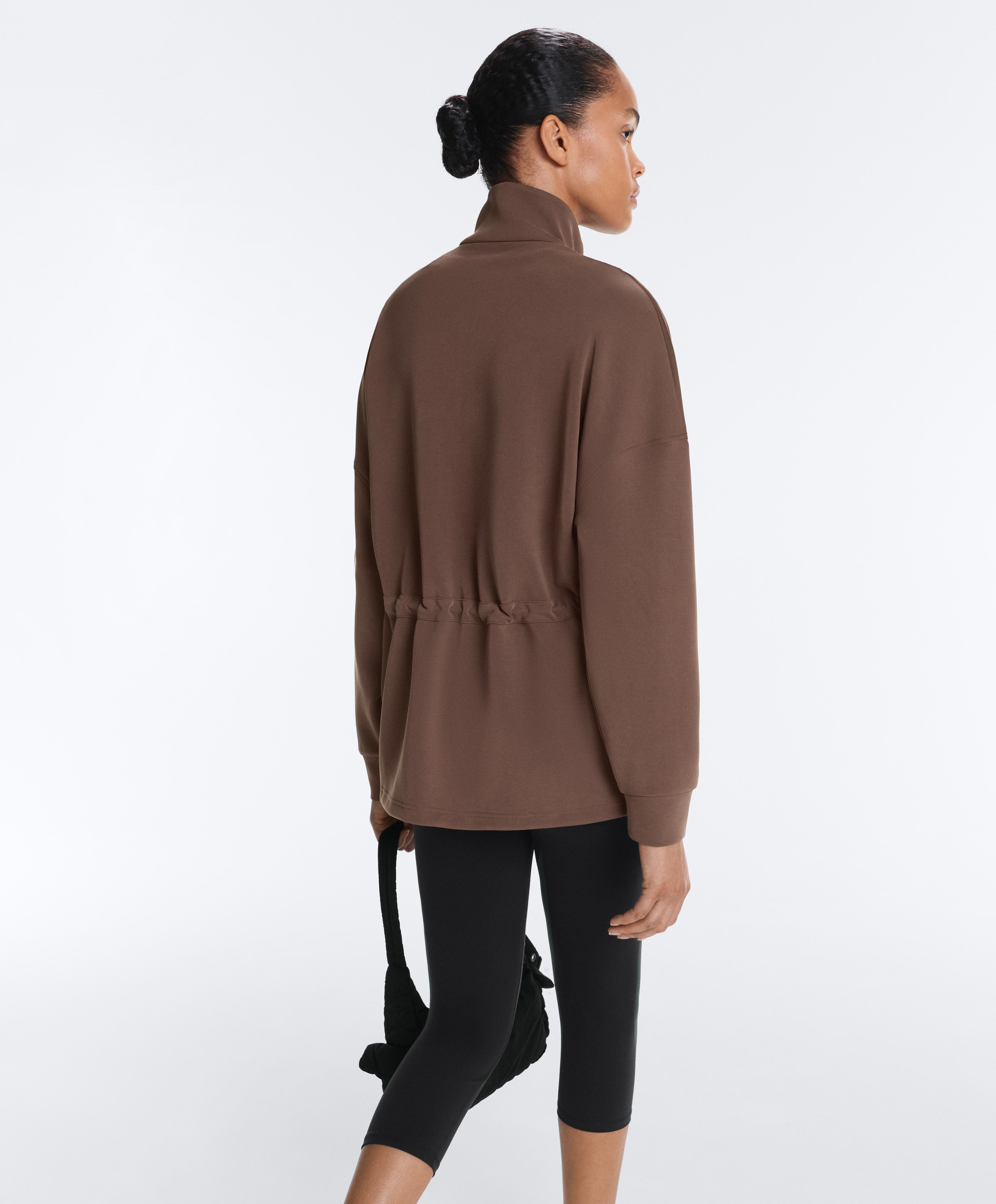 Long jacket with ribbed high neck and soft-touch modal — MID-BROWN