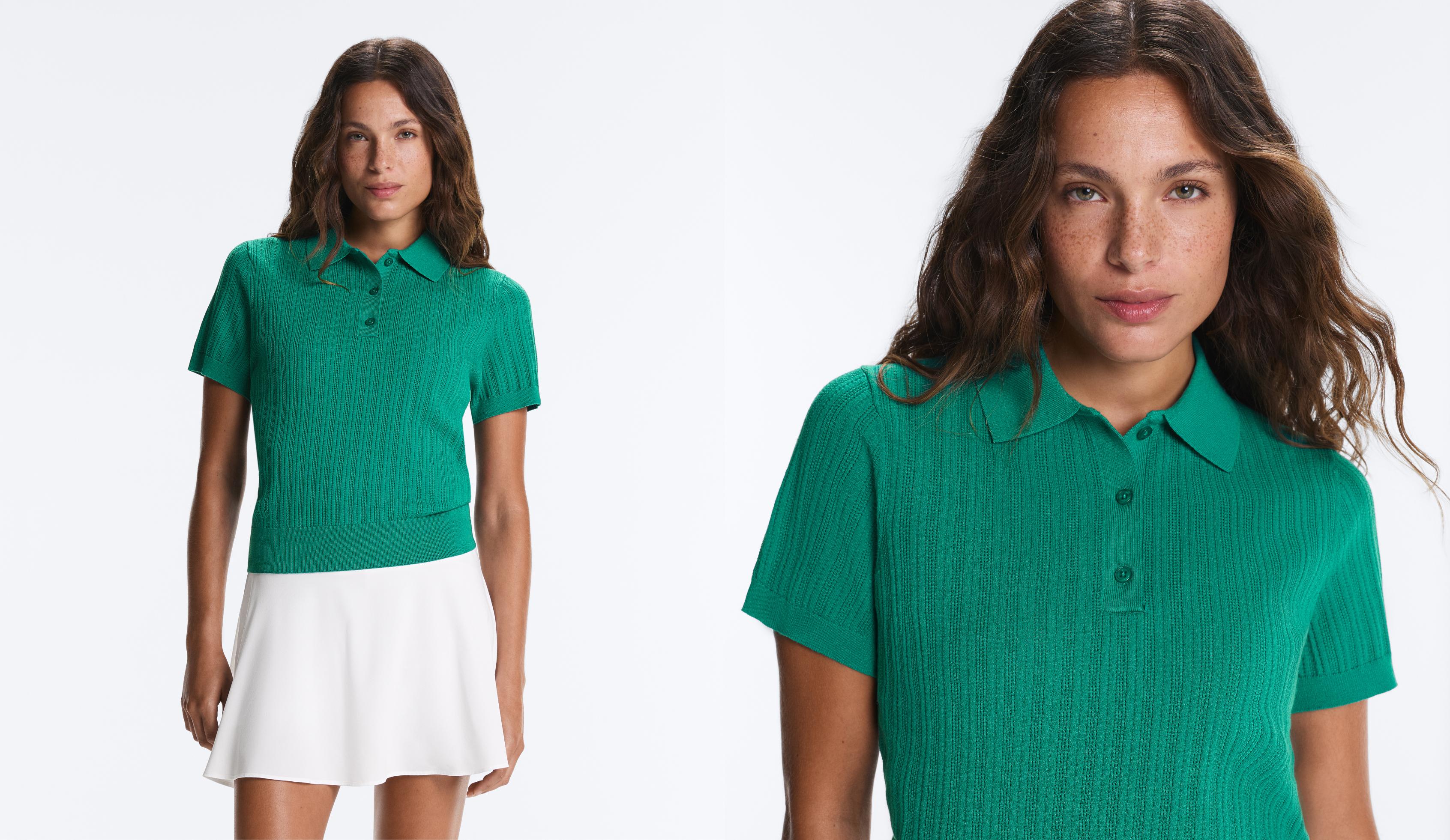 Short sleeve open knit polo shirt — EMERALD GREEN