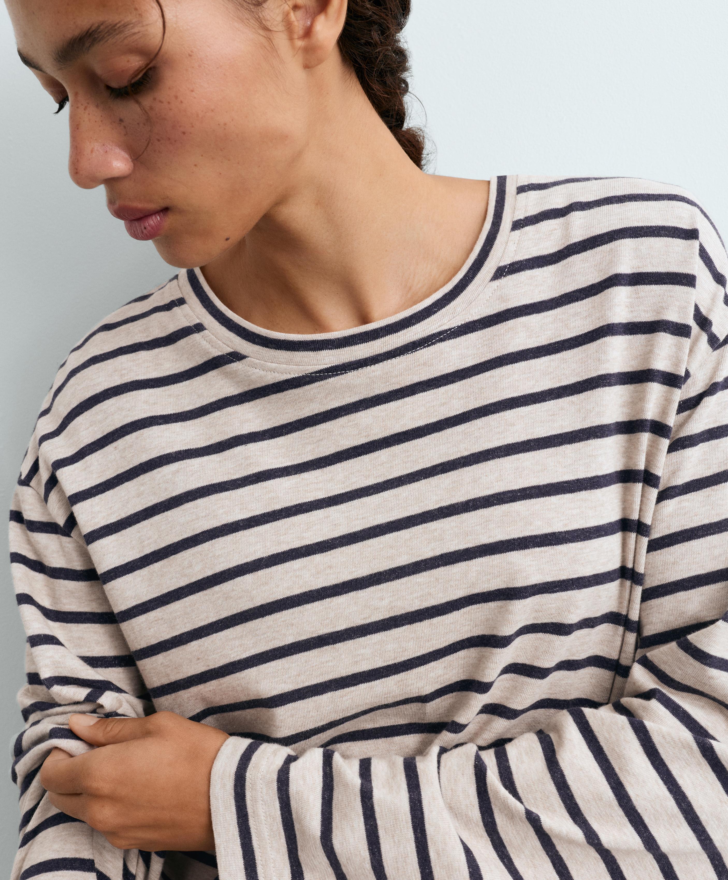 Striped cotton-blend long-sleeved T-shirt — MINK MELANGE