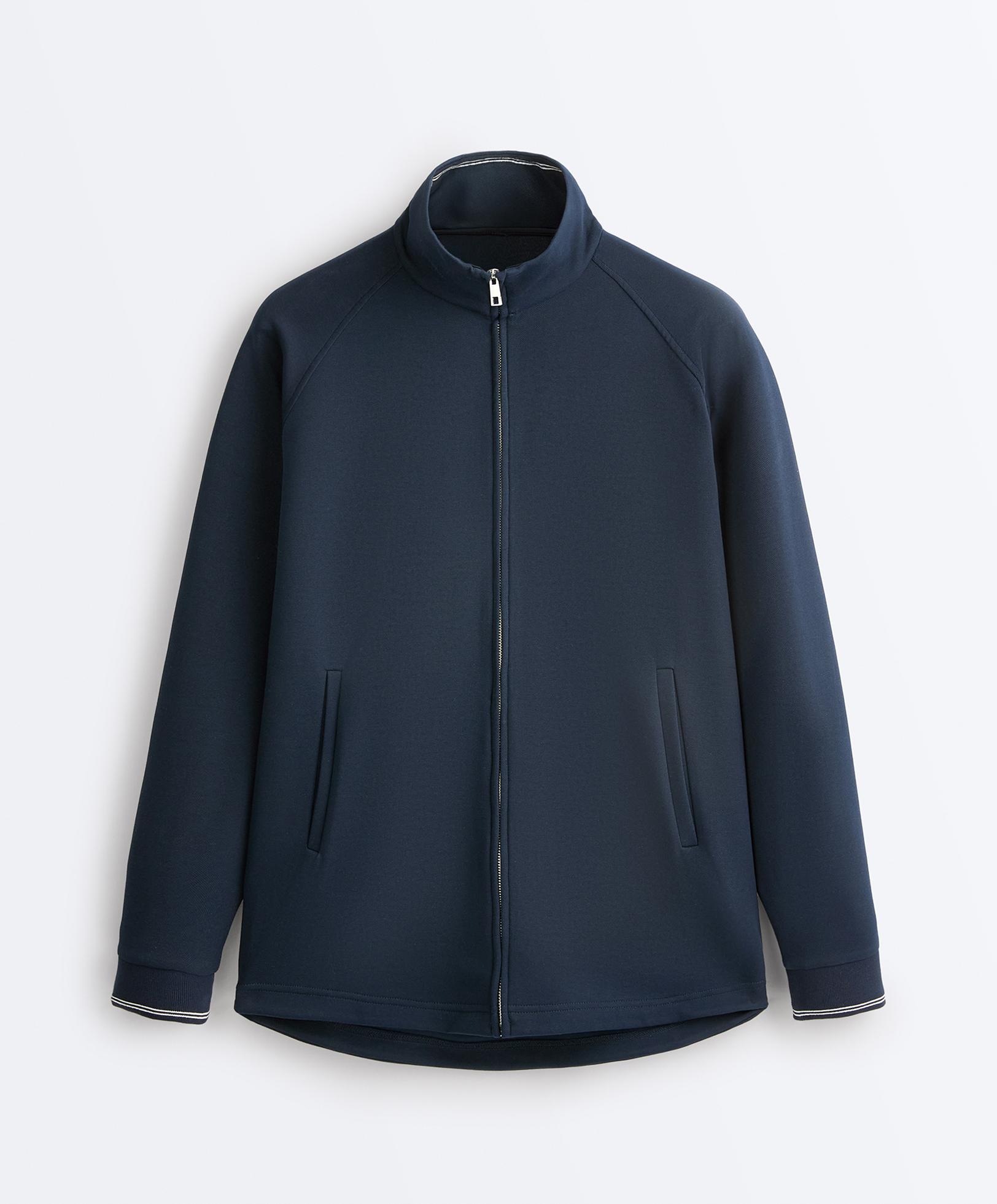 Long piqué jacket with contrast cotton piping — NAVY BLUE
