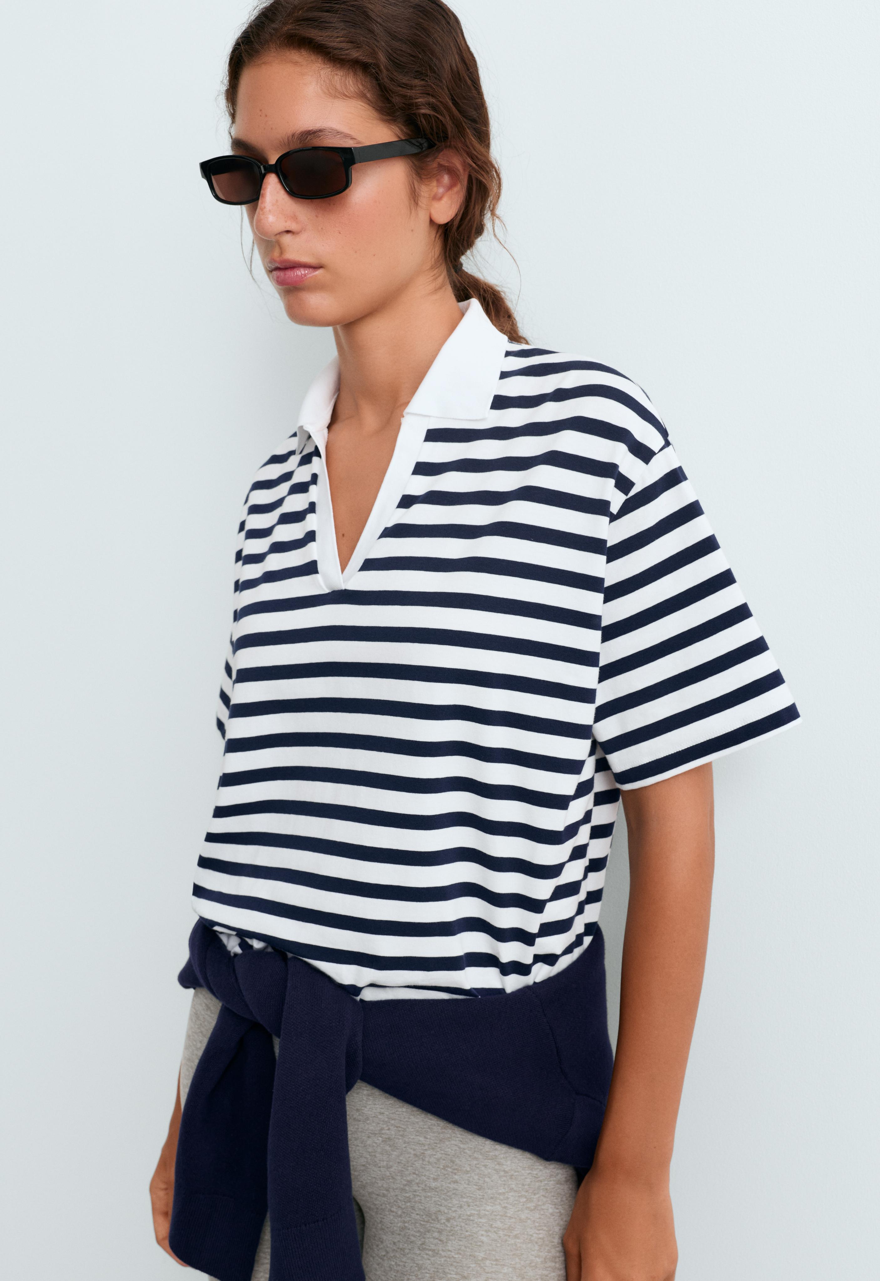 Boxy short-sleeved polo neck cotton blend T-shirt — NAVY BLUE