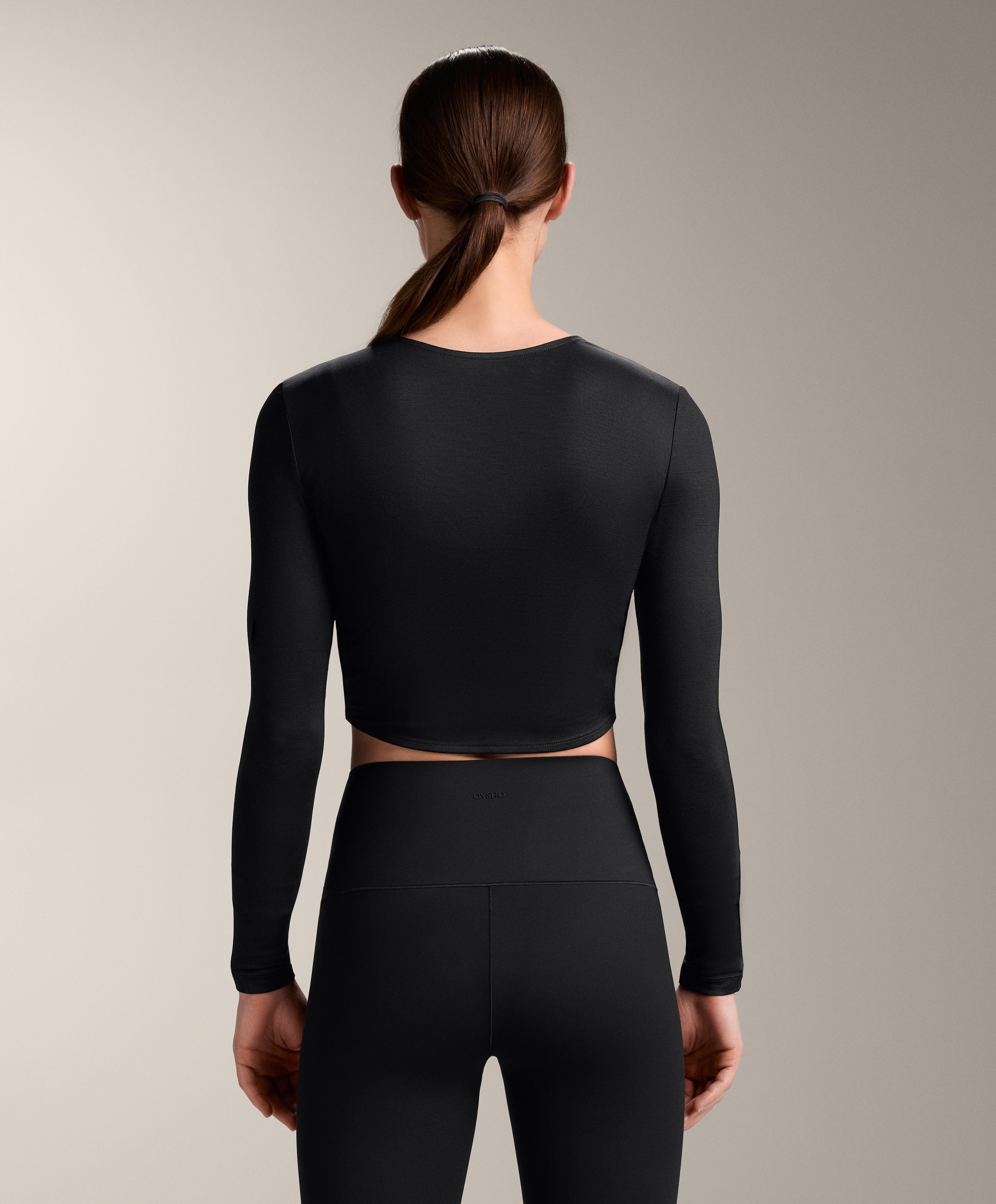 Multi-position long sleeve knotted lyocell blend T-shirt — BLACK