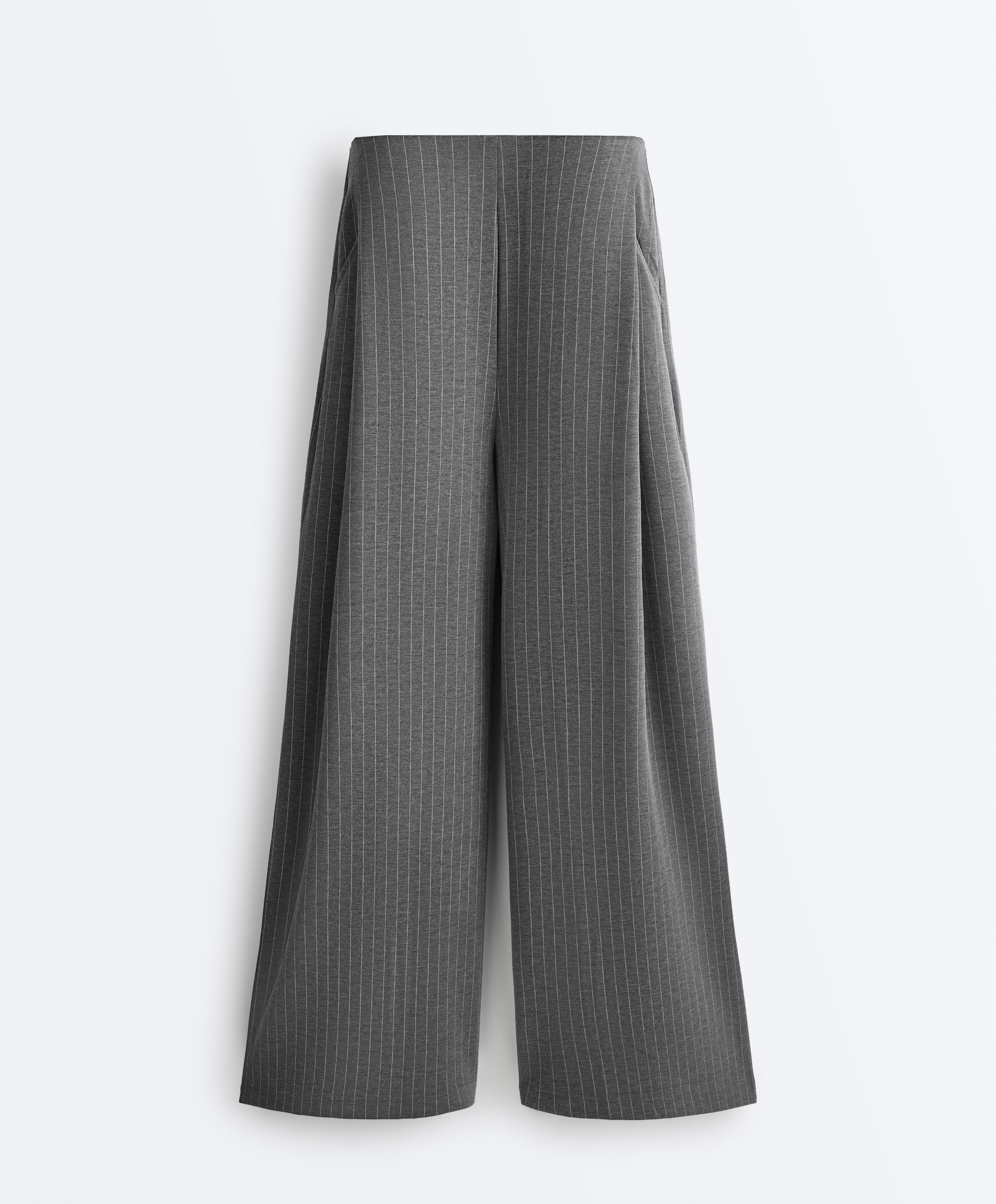 Soft-touch modal pinstripe wide-leg trousers — DARK GREY
