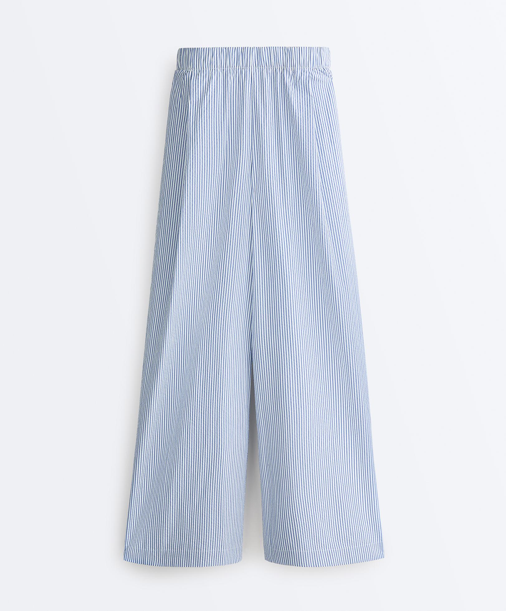 Wide-leg cotton blend striped trousers — PALE BLUE