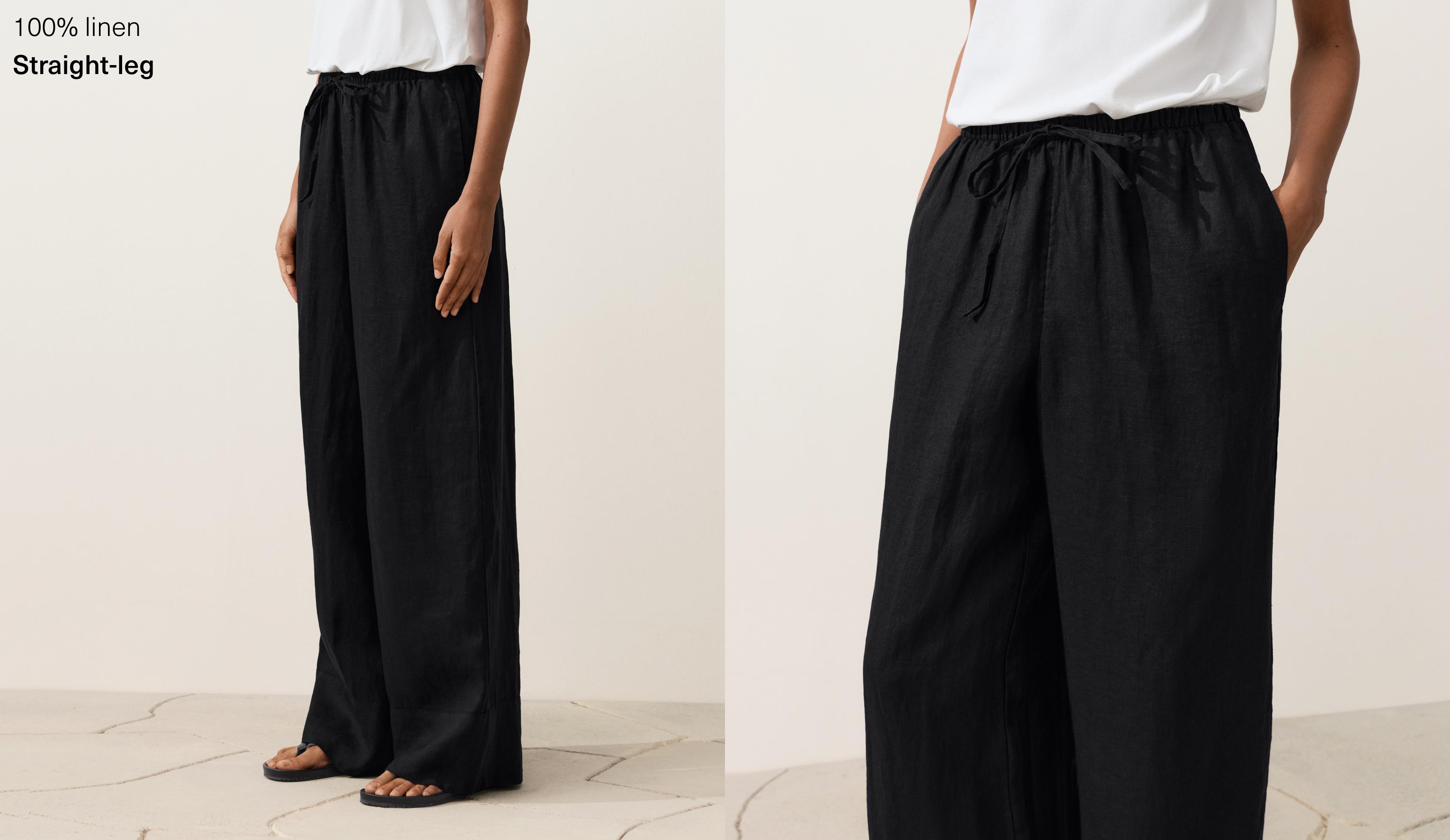 100% linen straight-leg trousers — BLACK