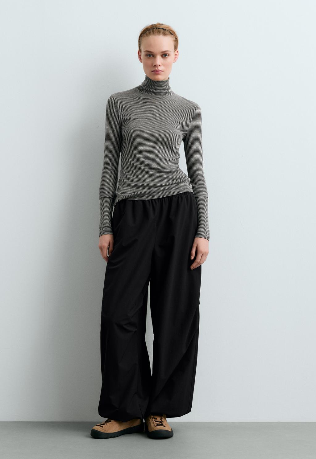 Base layer high-neck striped rib t-shirt