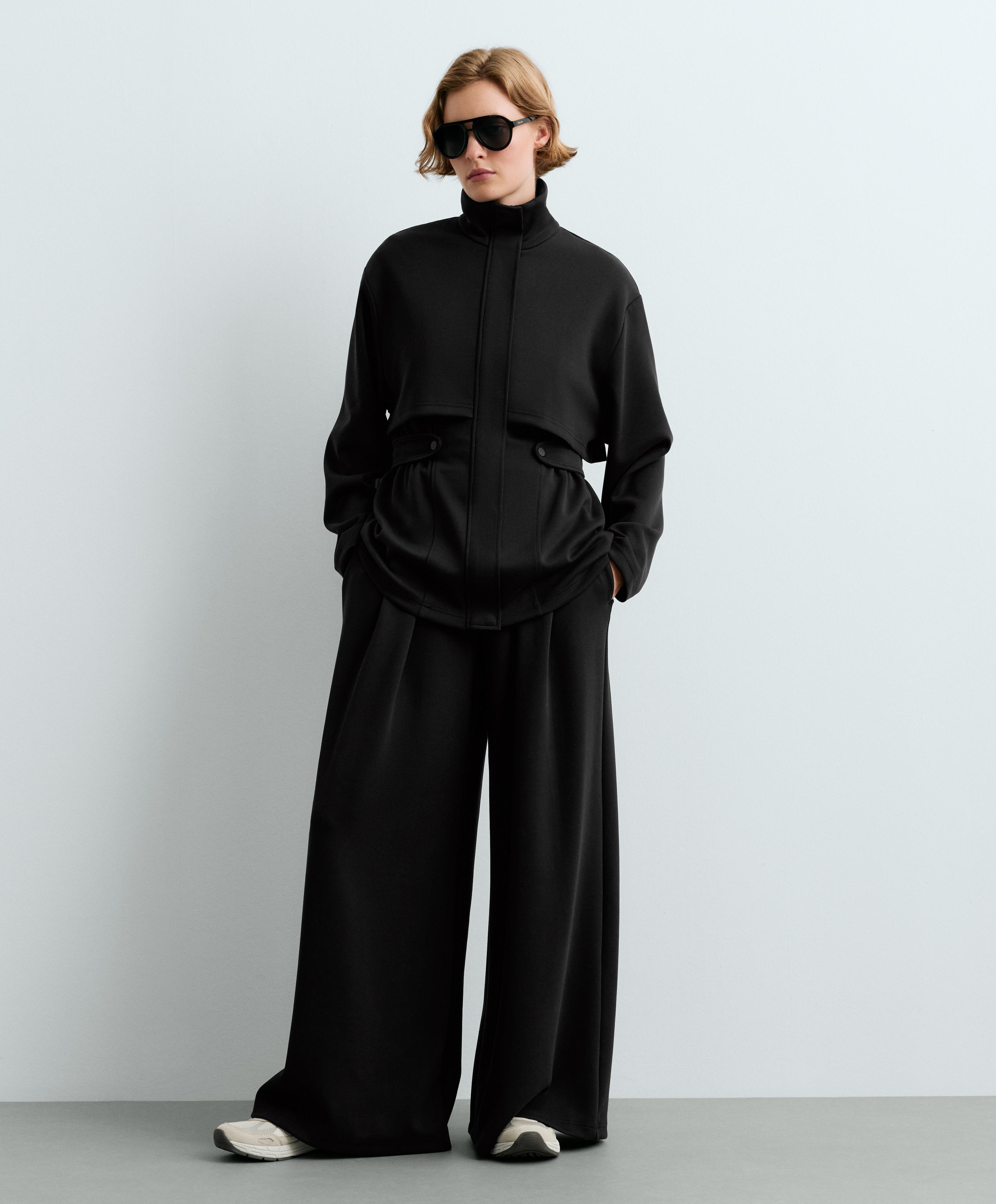 Long piqué jacket with belt — BLACK