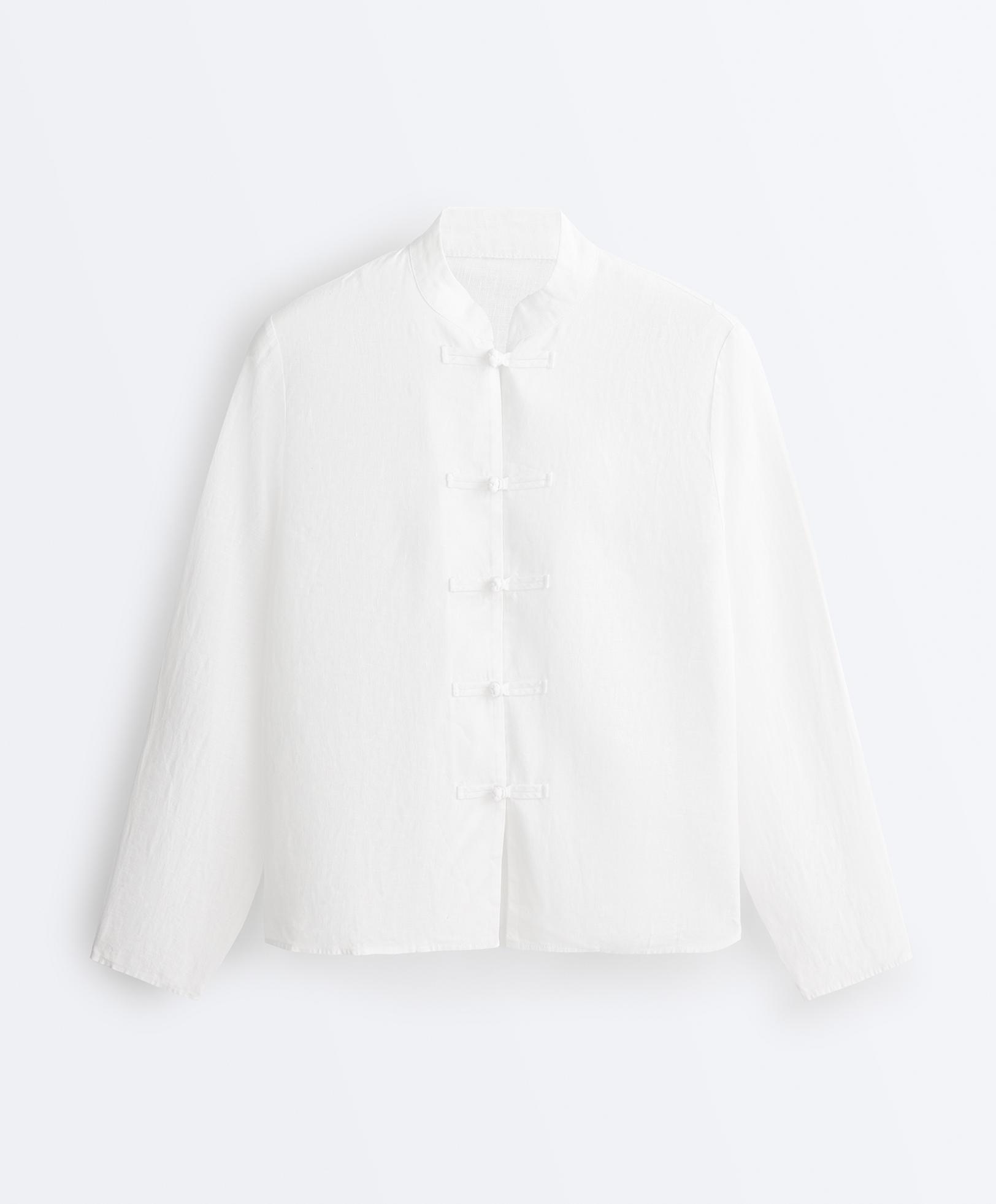 100% linen stand-up collar shirt — WHITE