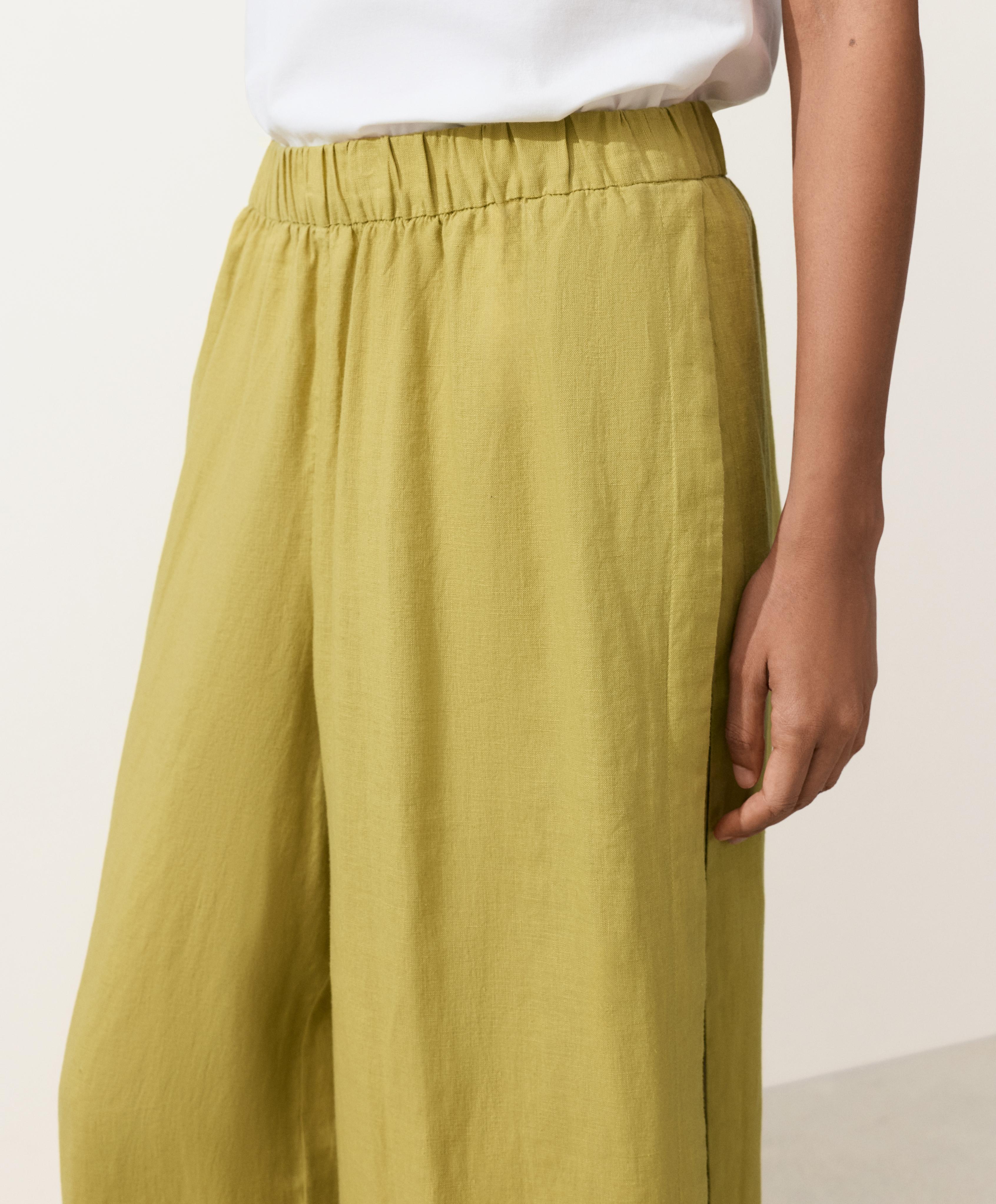 100% linen wide-leg trousers with side pleat — LIME GREEN