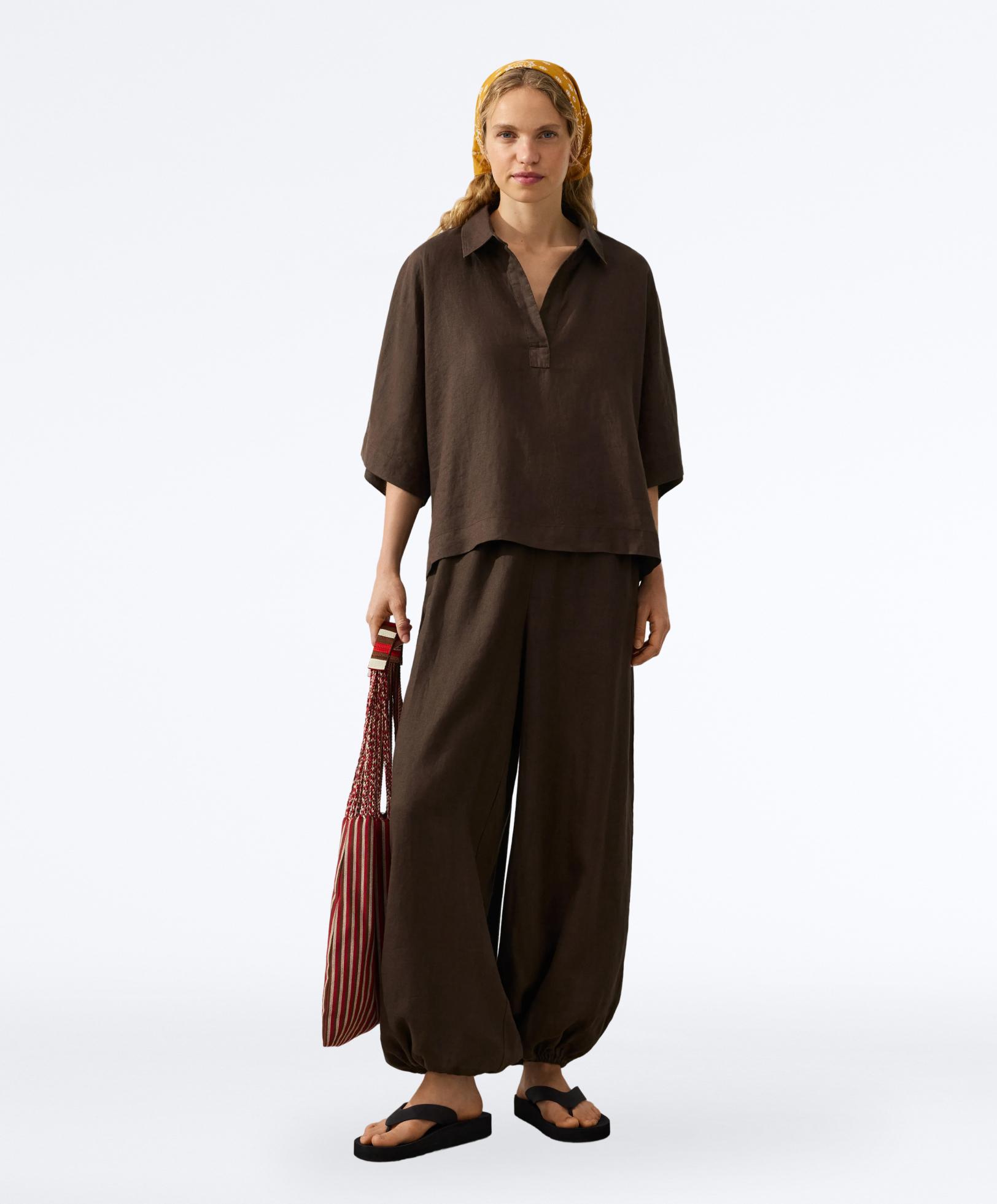 Oversize short-sleeve 100% linen polo shirt — DARK BROWN