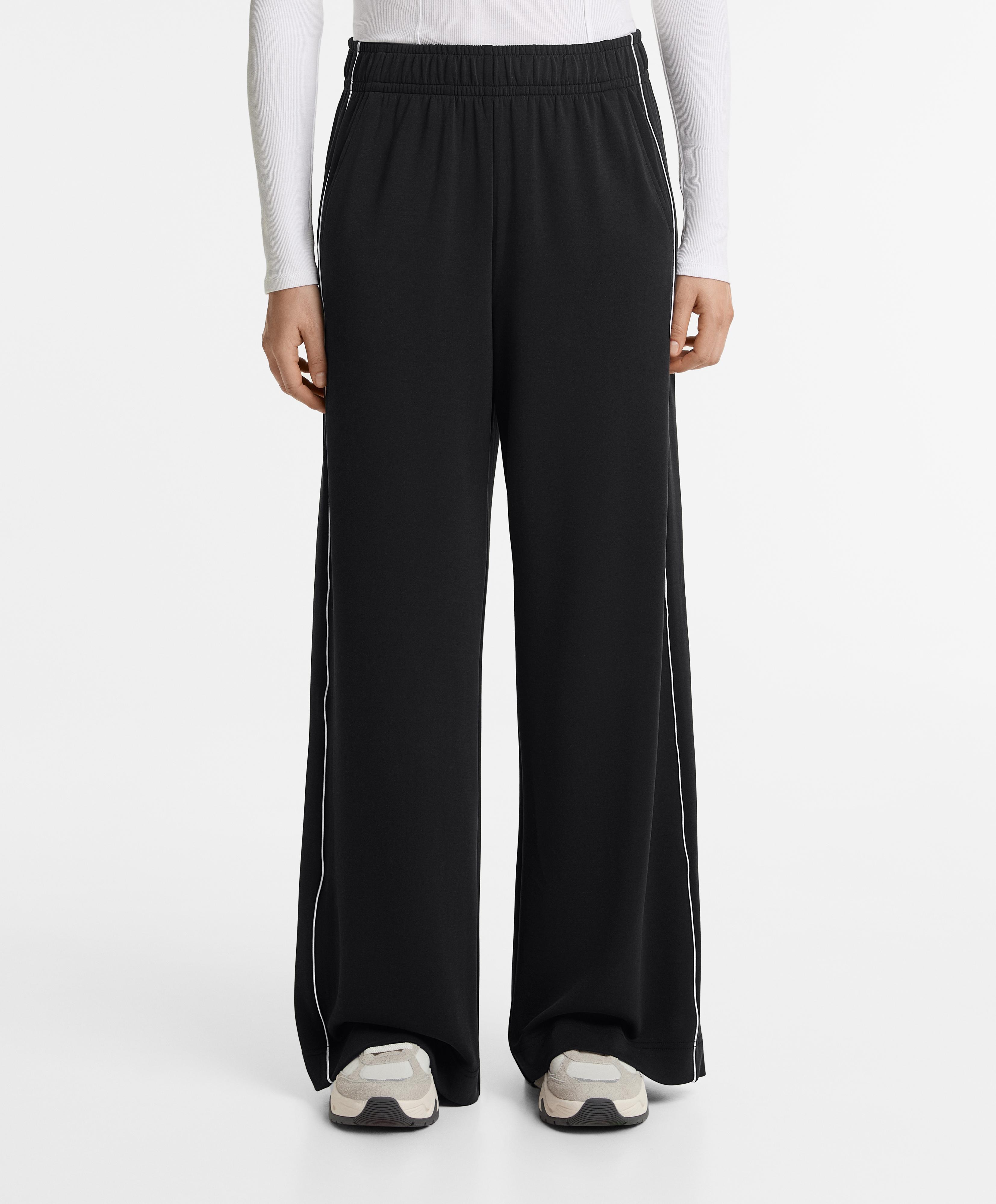 Side appliqué wide straight-leg trousers with modal