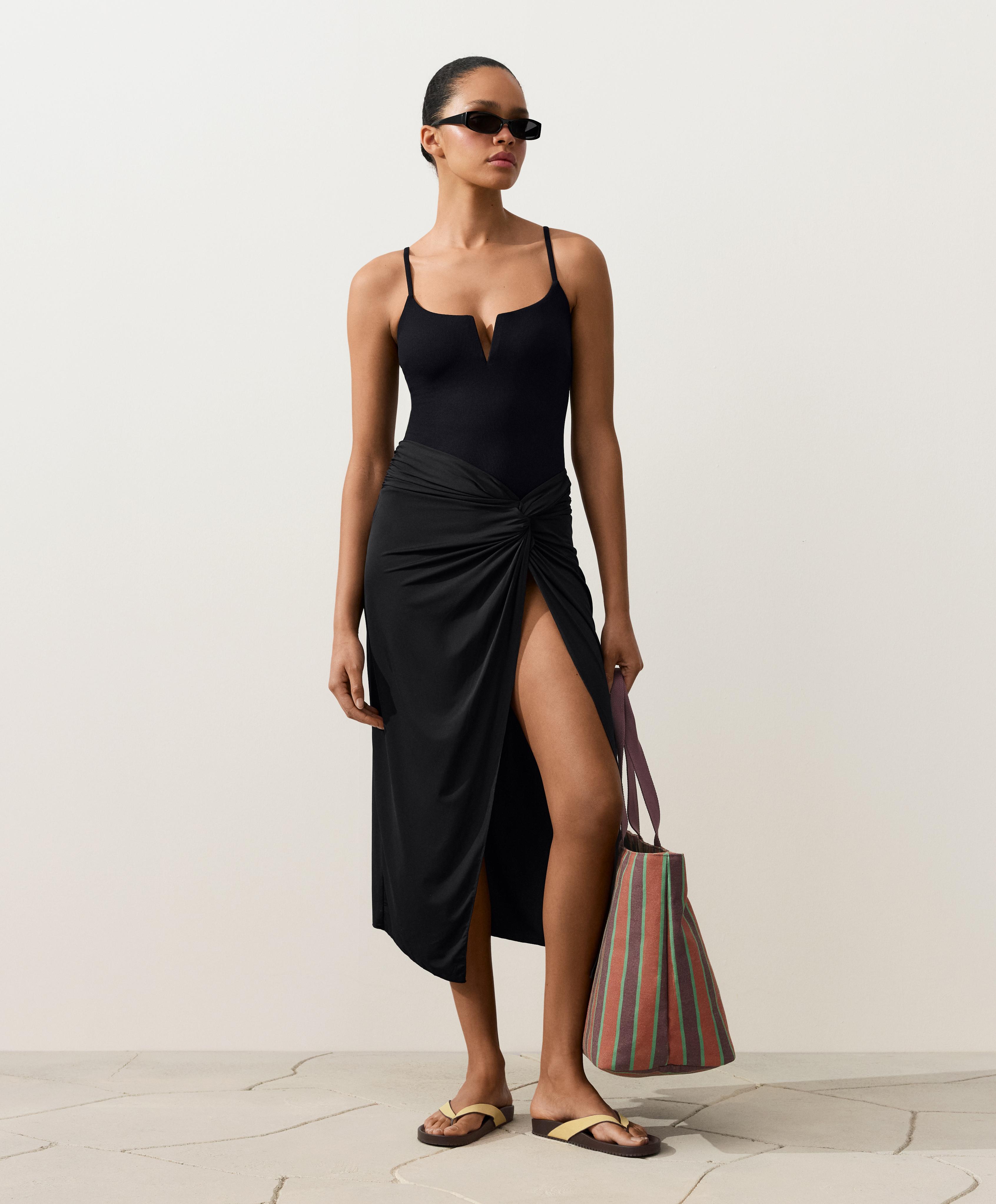 Piqué V-neck swimsuit — BLACK