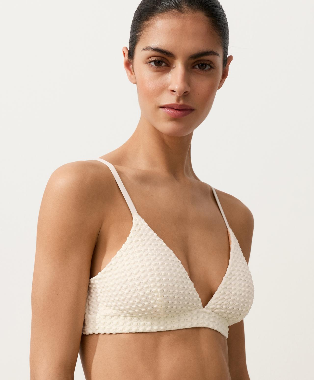 Bubble-texture crochet triangle bikini top — ECRU