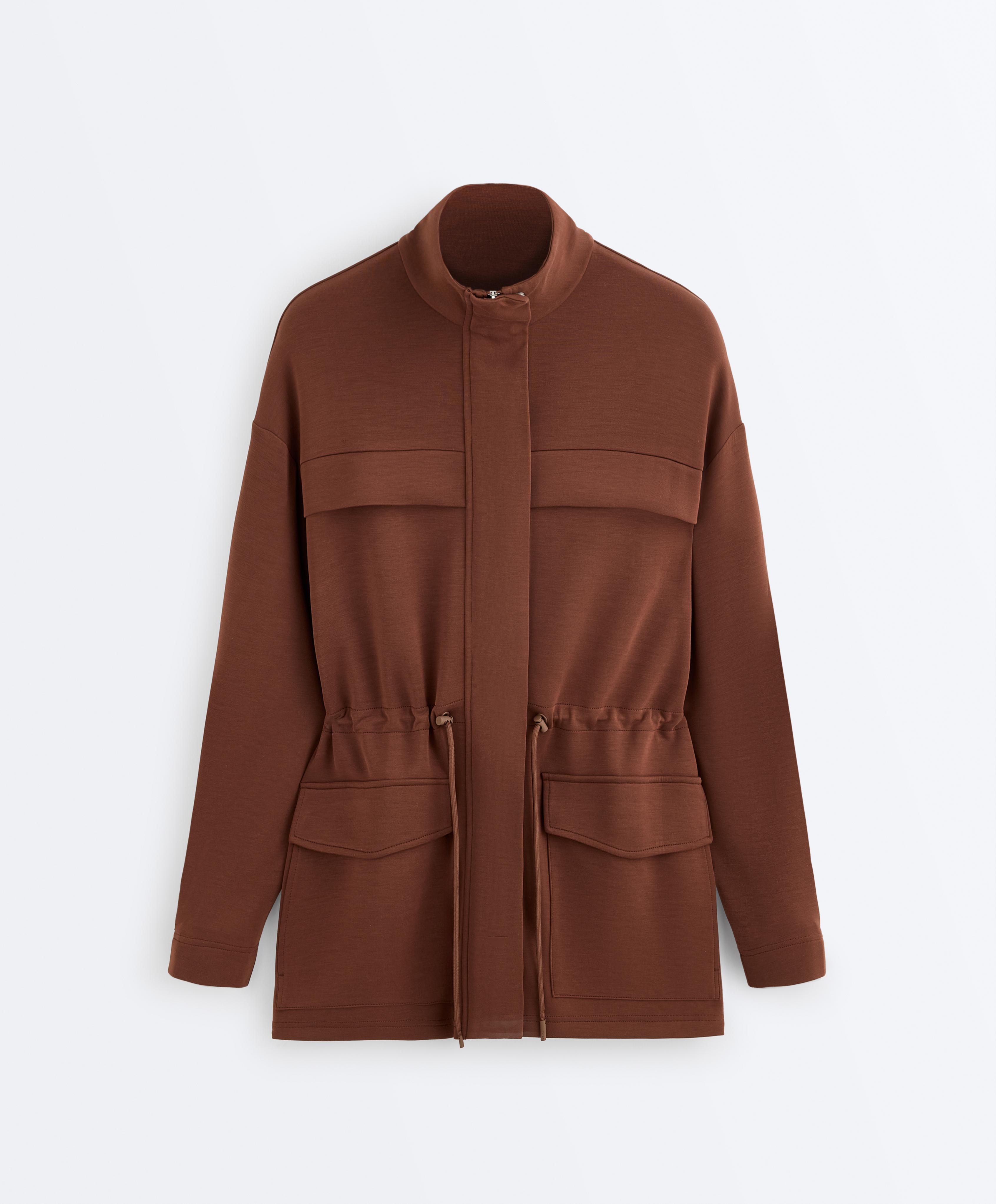 Long soft-touch modal jacket with pockets — COFFEE