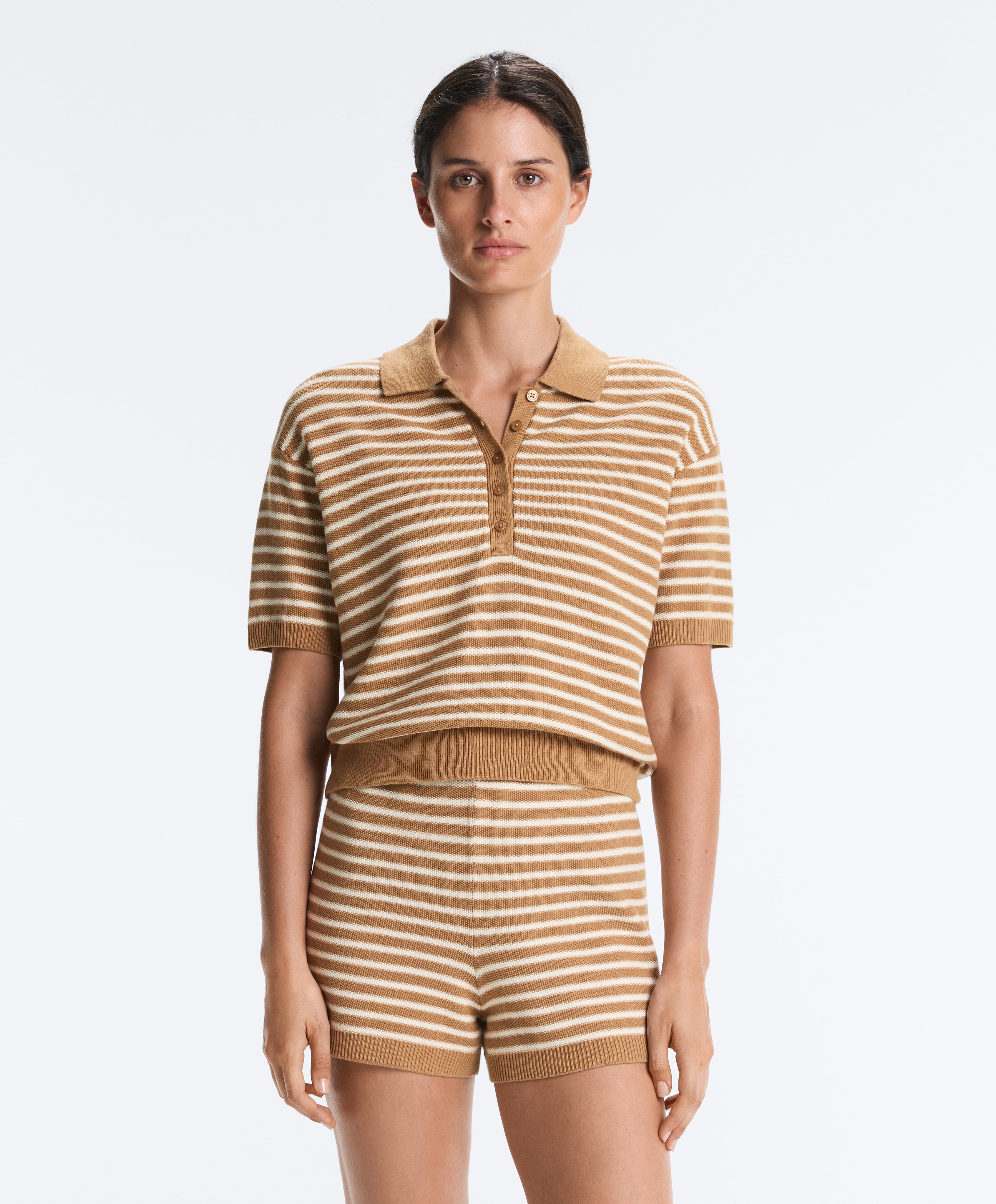 100% cotton striped knit polo shirt — PALE ECRU