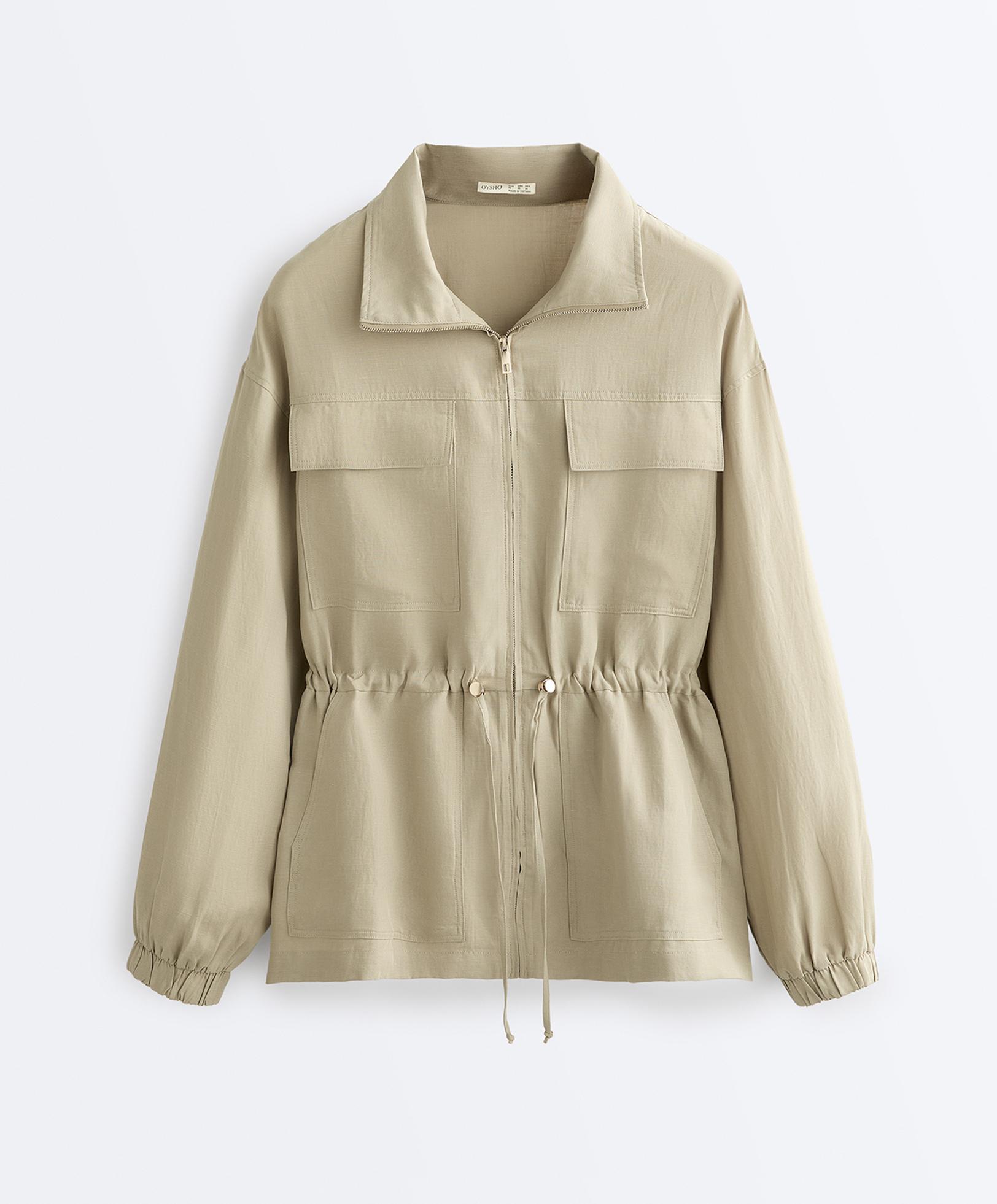 Lyocell and 24% linen blend ruched waist jacket — GREEN BEIGE