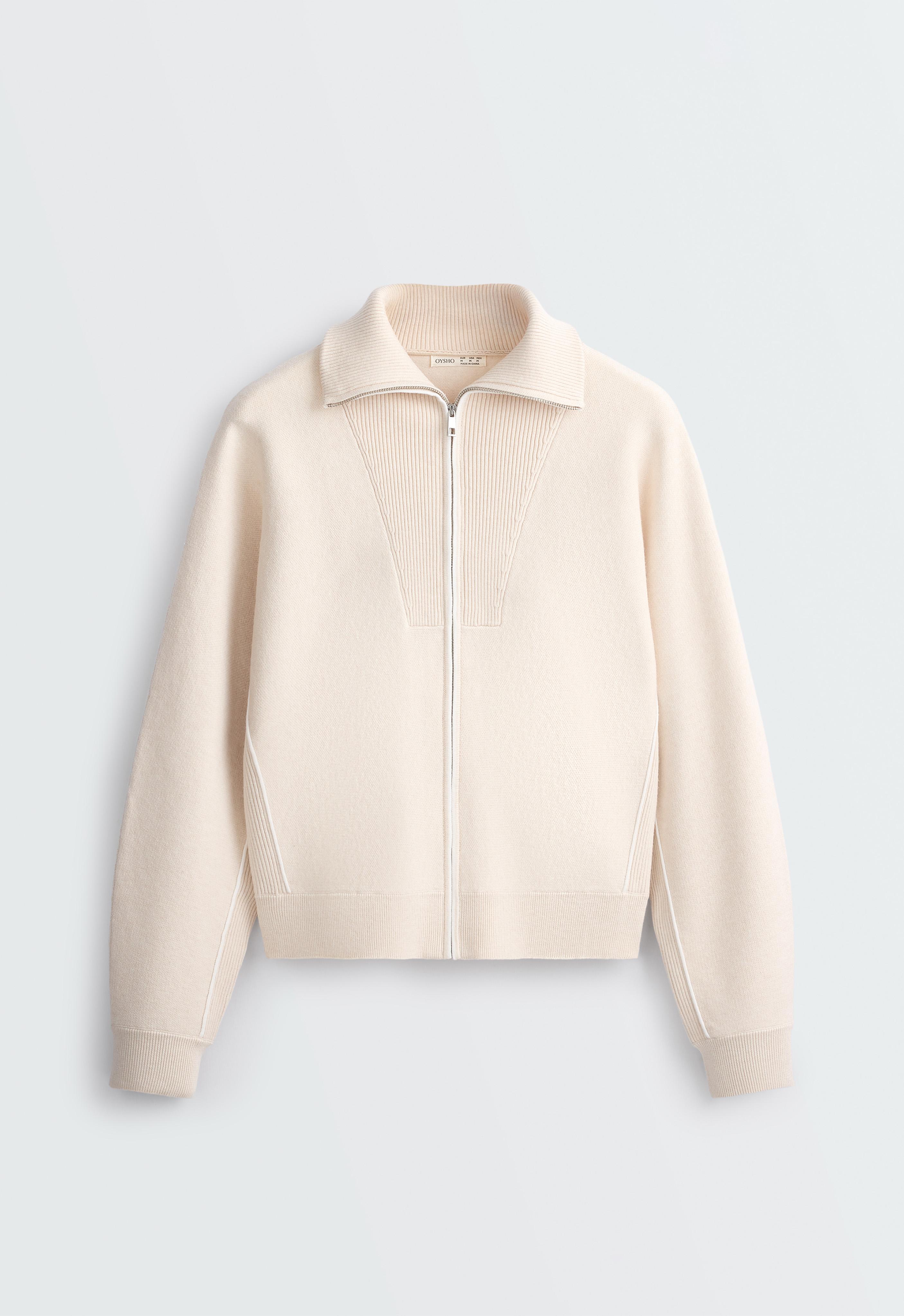 High-neck mixed knit jacket — ECRU