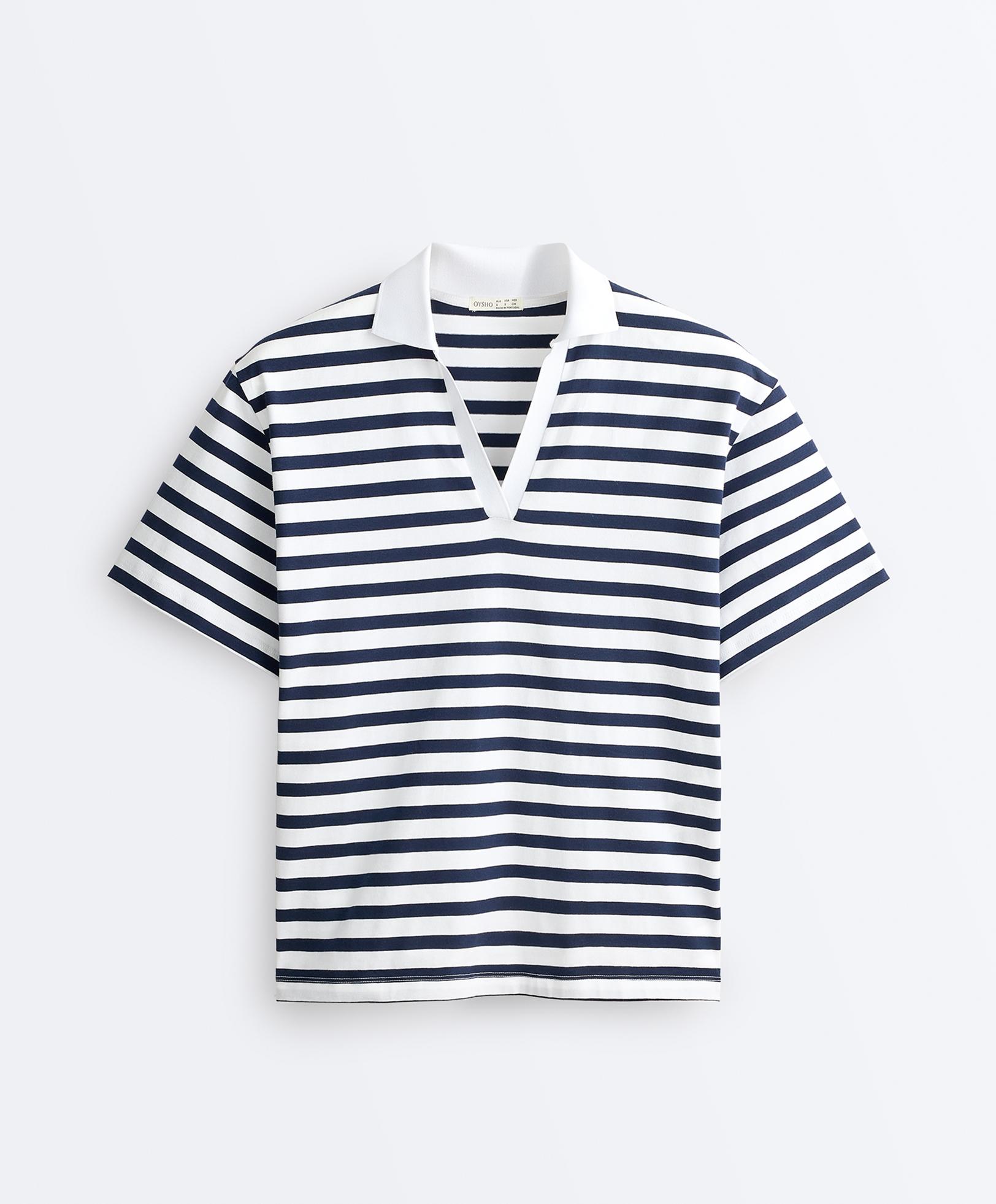 Boxy short-sleeved polo neck cotton blend T-shirt — NAVY BLUE