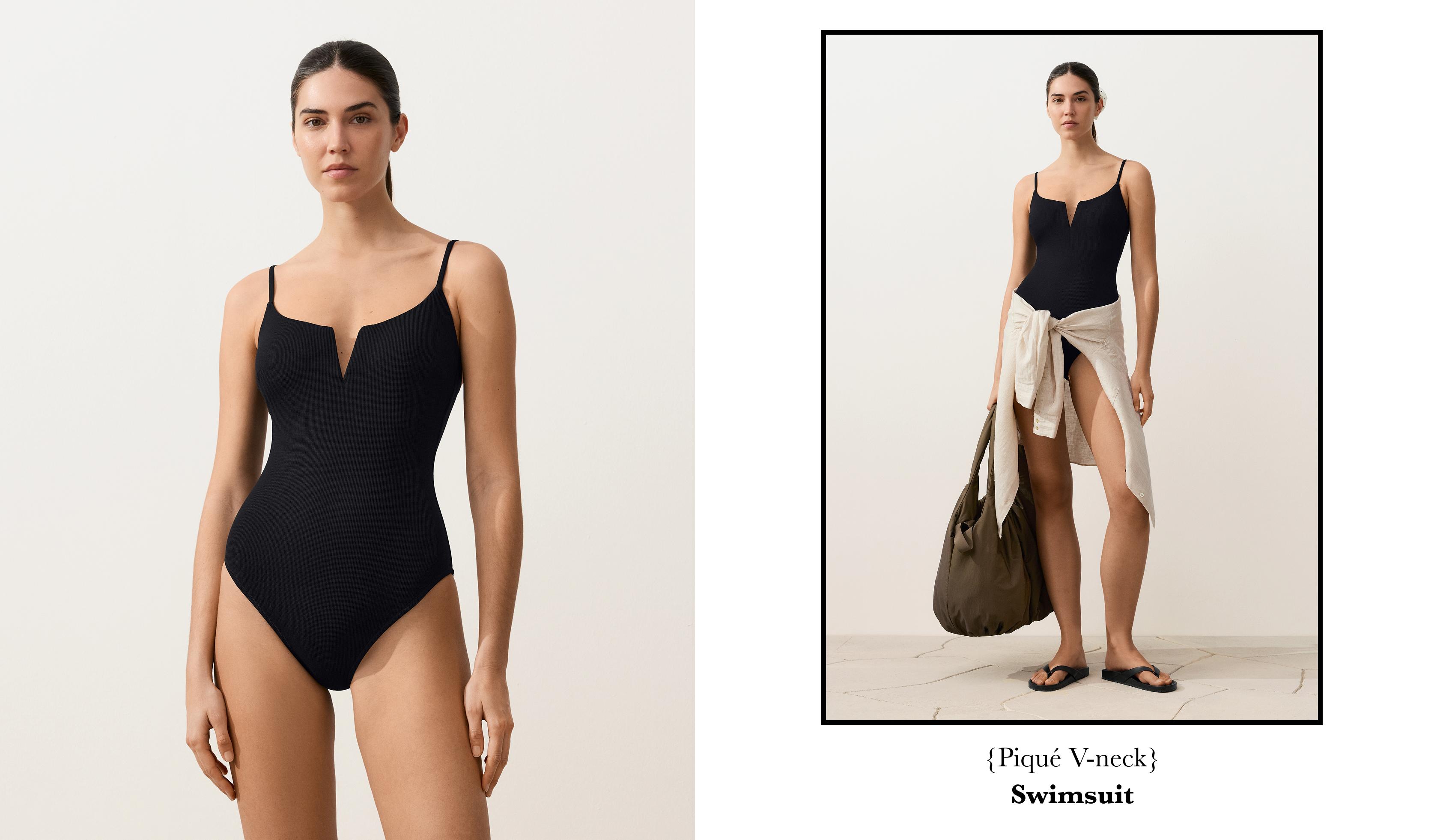 Piqué V-neck swimsuit — BLACK