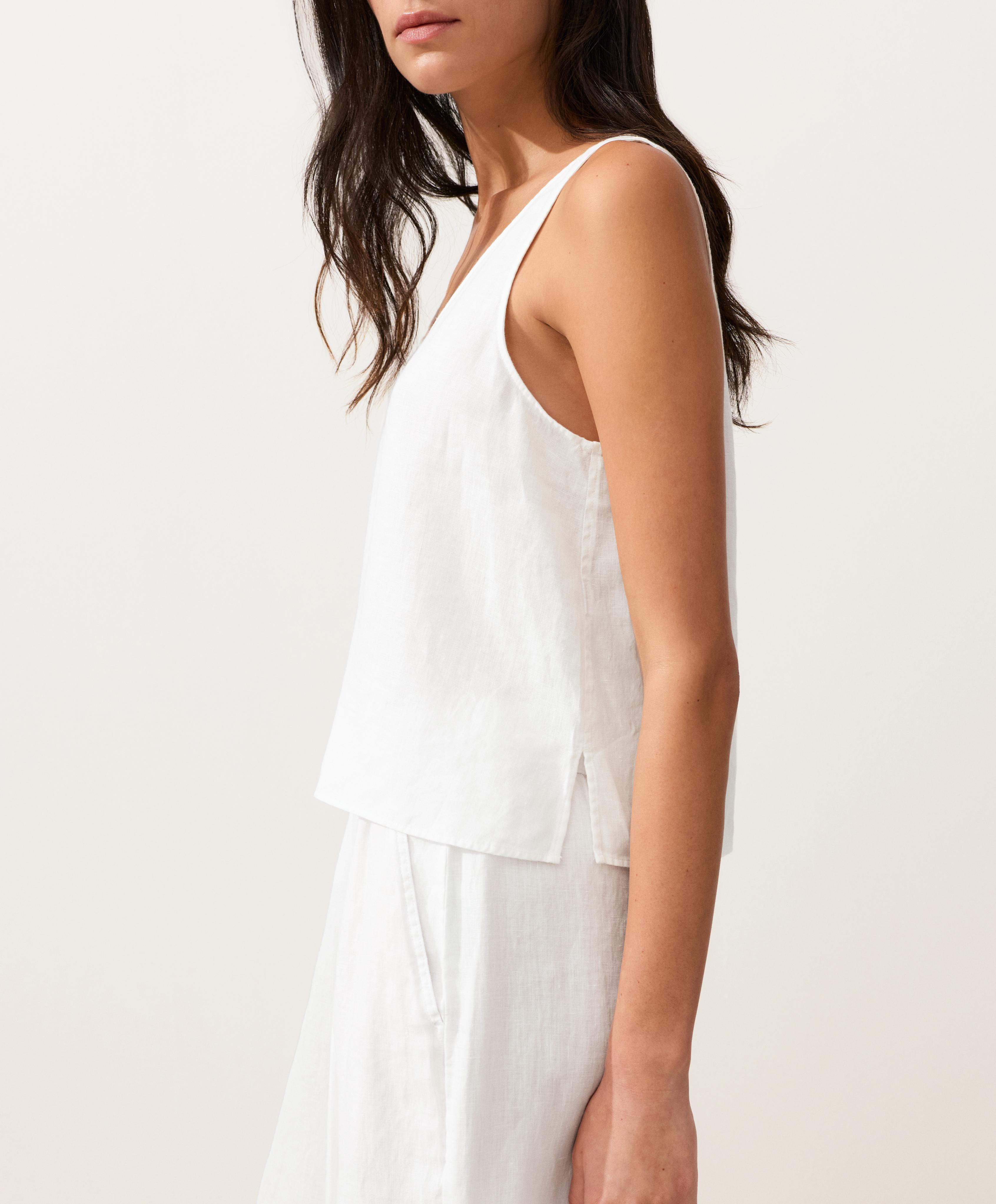 100% linen V-neck strap top — WHITE 