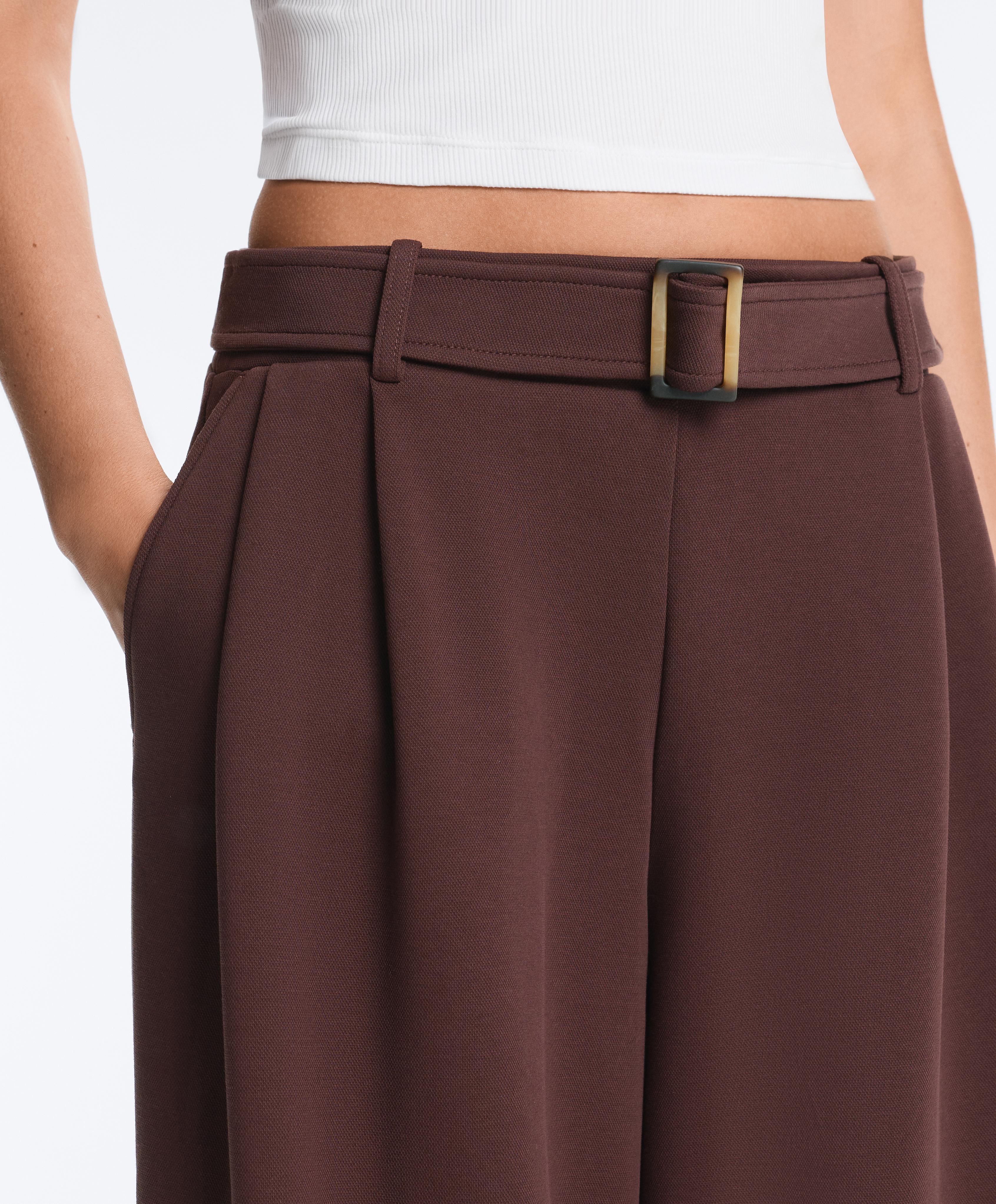 Wide-leg cotton piqué belted trousers — CHOCOLATE