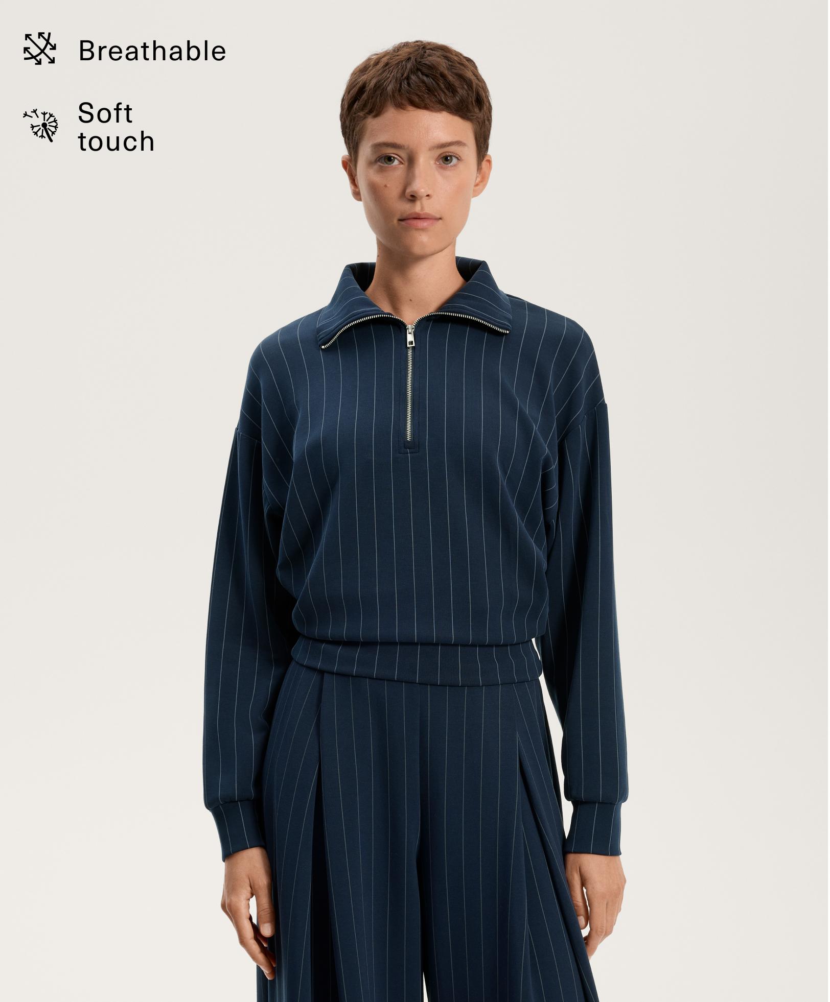 סווטשירט חצי רוכסן פסים עם מודאל רך למגע סווטשירט חצי רוכסן פסים עם מודאל רך למגע